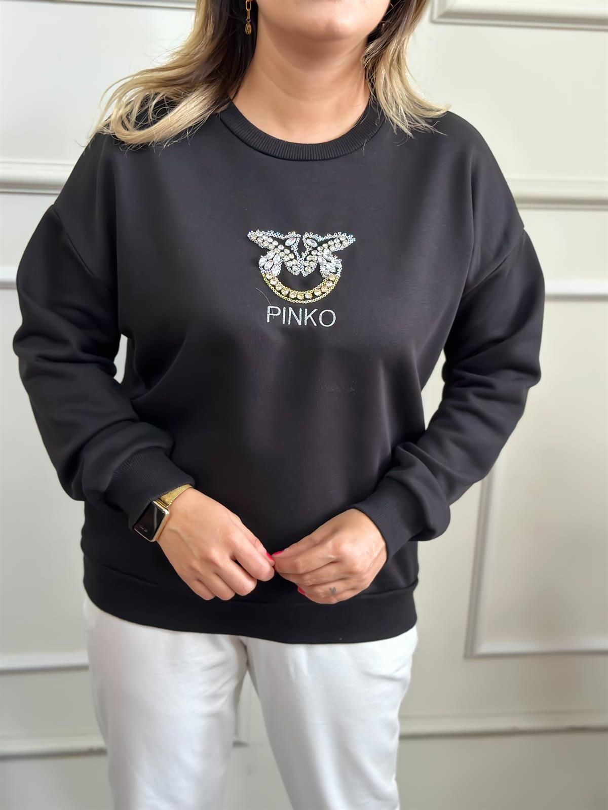 Bisiklet Yaka Pinko Baskılı Sweatshırt SİYAH-23KUST000006