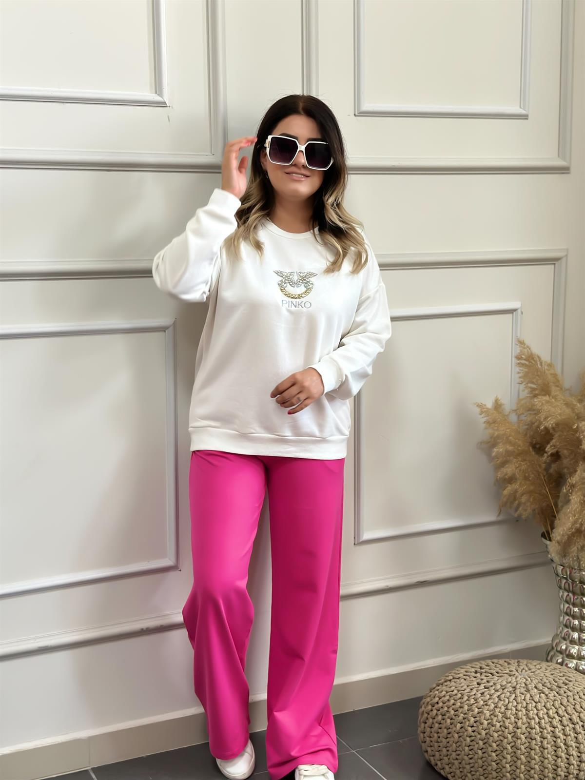 Bisiklet Yaka Pinko Baskılı Sweatshırt BEYAZ-23KUST000006