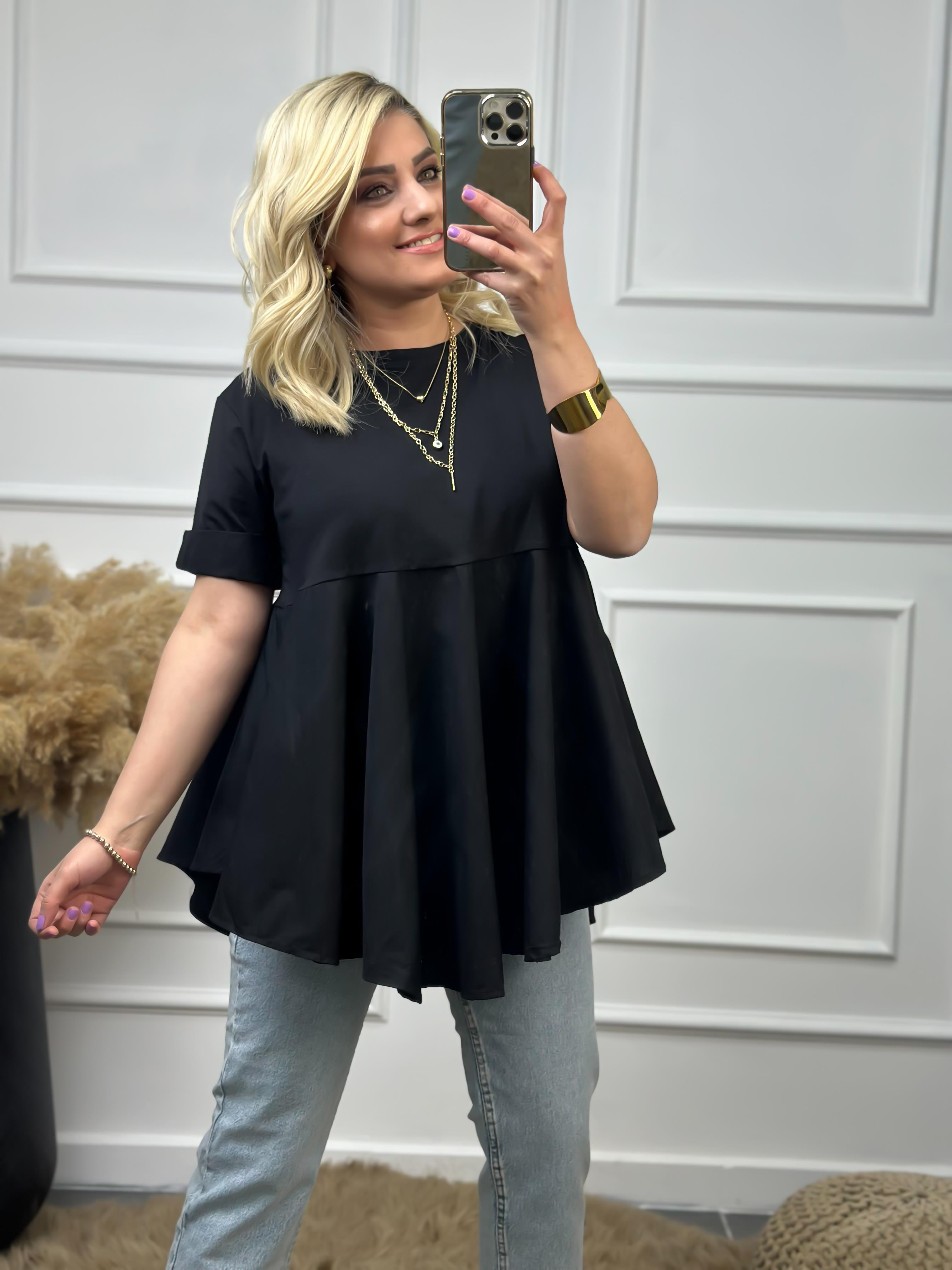 Bisiklet Yaka Yırtmaçlı Poplin Detaylı Tasarım Tshirt SİYAH-23YUST000006