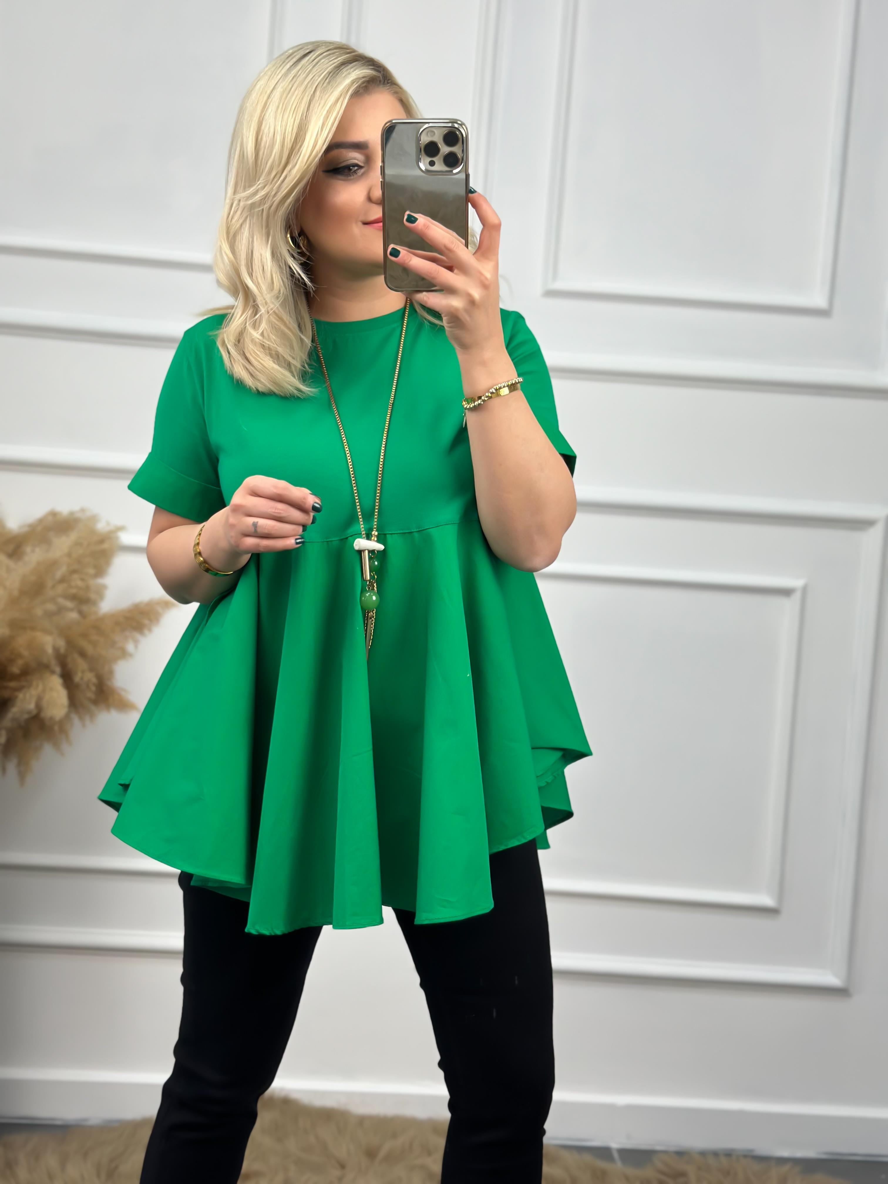 Bisiklet Yaka Yırtmaçlı Poplin Detaylı Tasarım Tshirt YEŞİL-23YUST000006