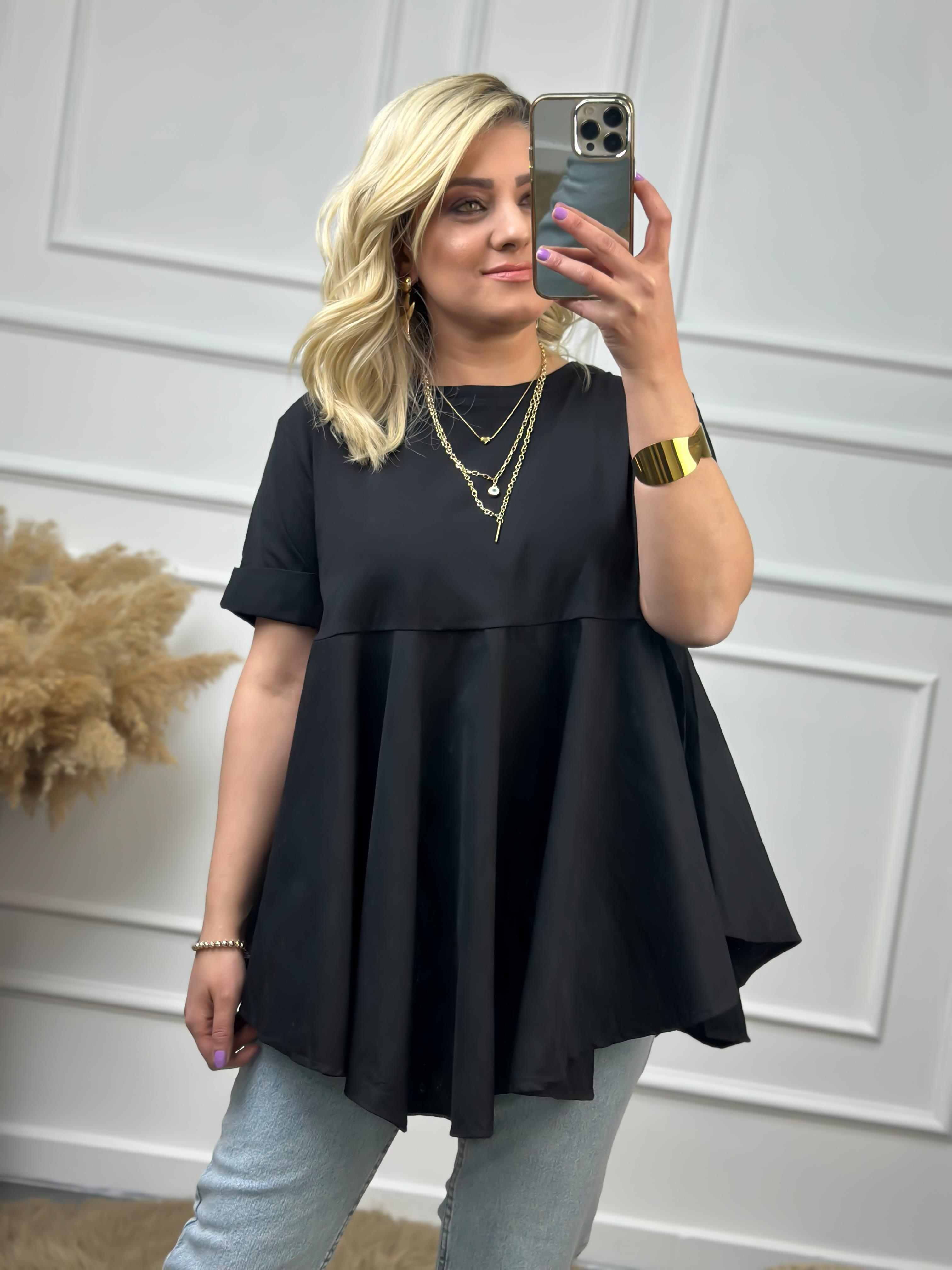 Bisiklet Yaka Yırtmaçlı Poplin Detaylı Tasarım Tshirt SİYAH-23YUST000006