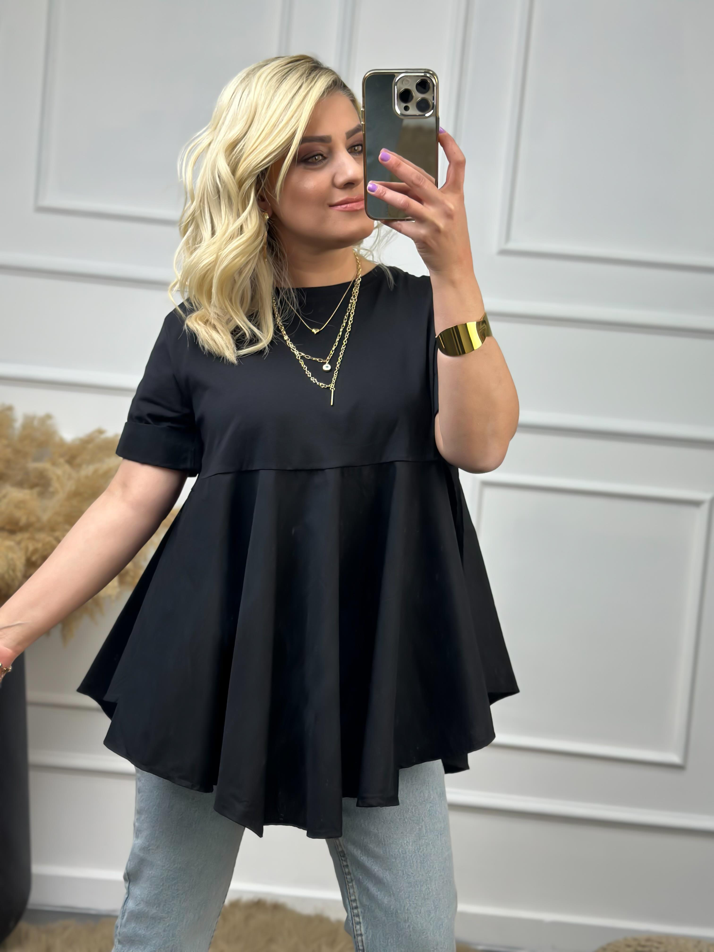 Bisiklet Yaka Yırtmaçlı Poplin Detaylı Tasarım Tshirt SİYAH-23YUST000006