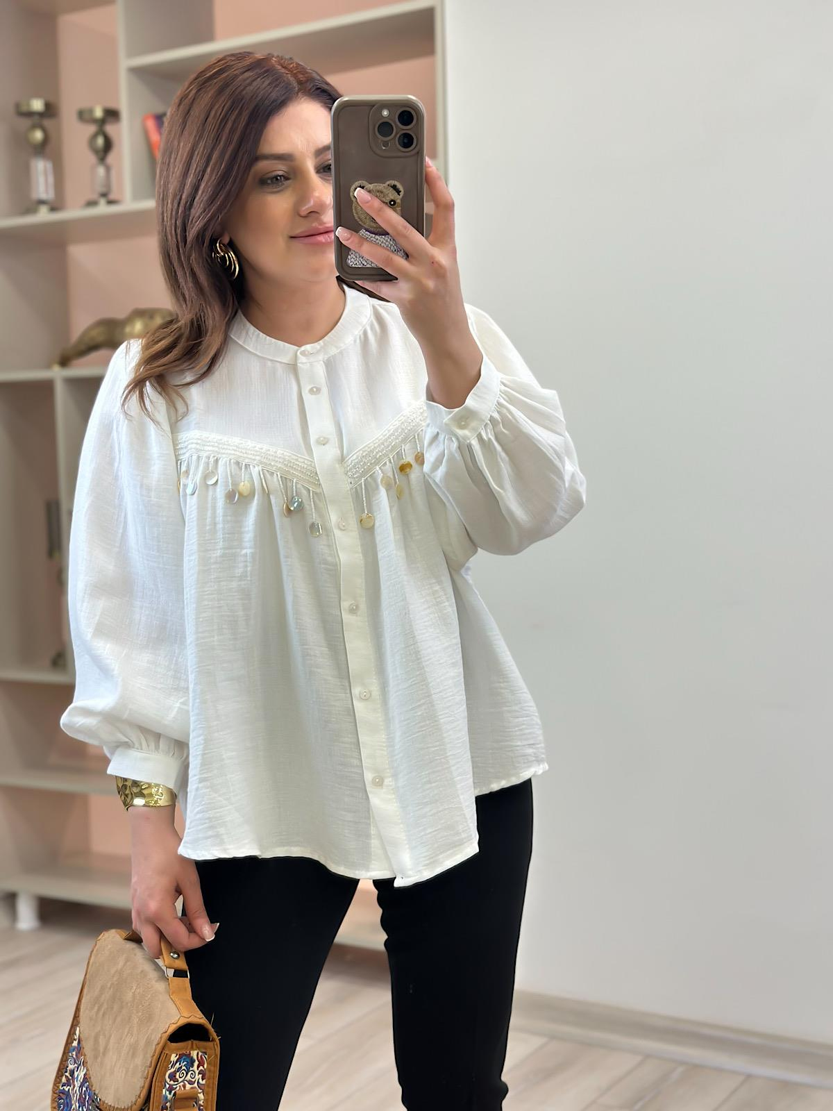Boncuk Detaylı Keten Gömlek BEYAZ-23YUST000195