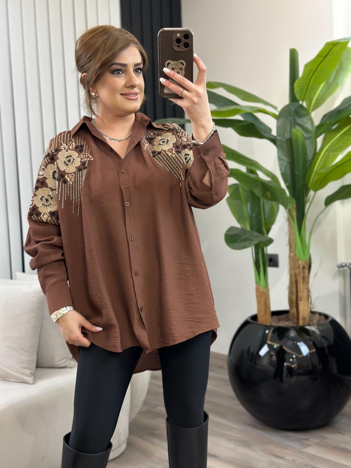 Boncuklu Çiçekli Keten Gömlek KAHVE-23MeUST00134