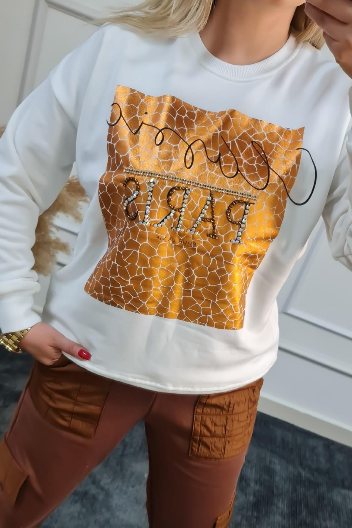 Bronz Baskılı Sweatshırt BEYAZ-23KUST000005