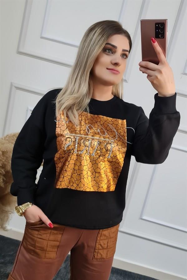 Bronz Baskılı Sweatshırt SİYAH-23KUST000005