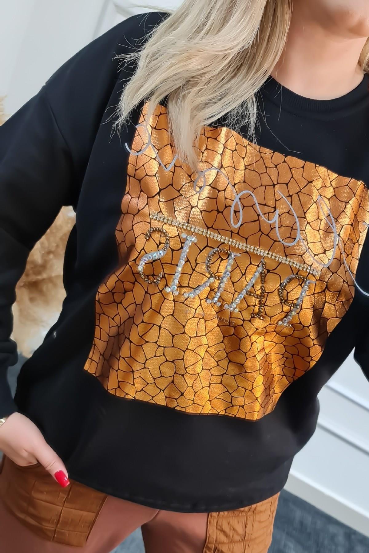Bronz Baskılı Sweatshırt SİYAH-23KUST000005