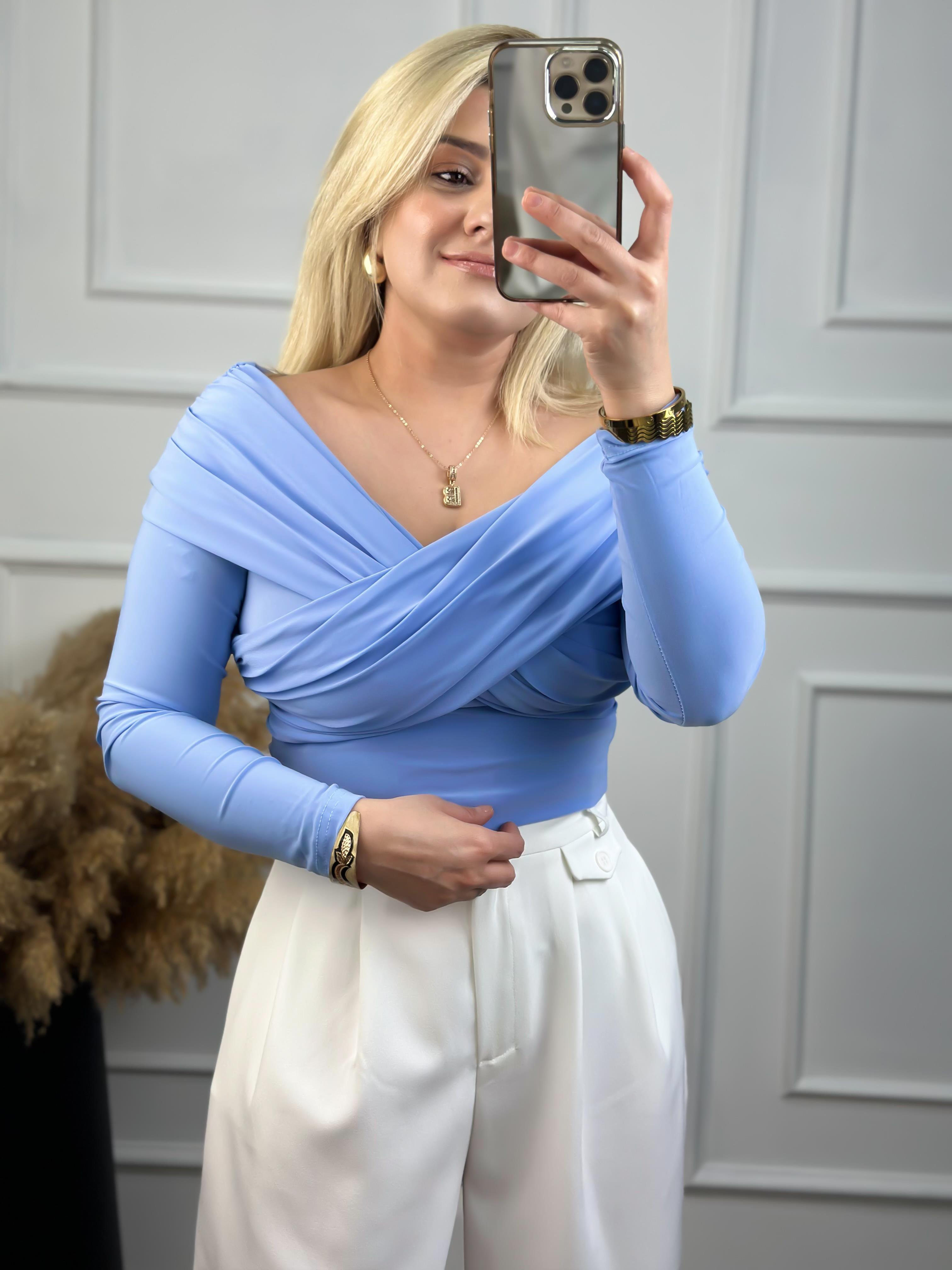 Çapraz Madonna Yaka Bluz BEBE MAVİ-23YUST000038