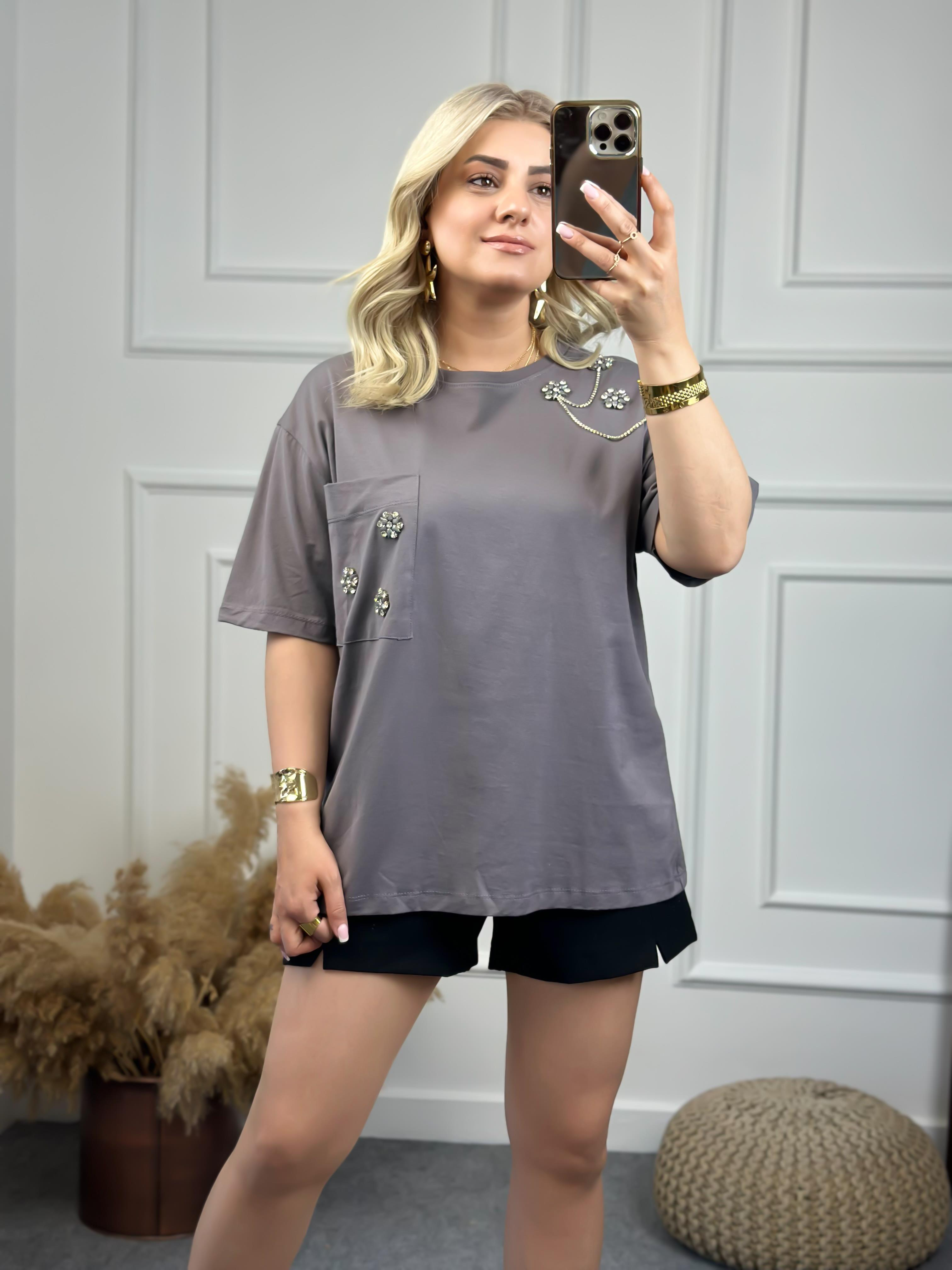 Cebi Taşlı Tshirt FÜME-23YUST000075