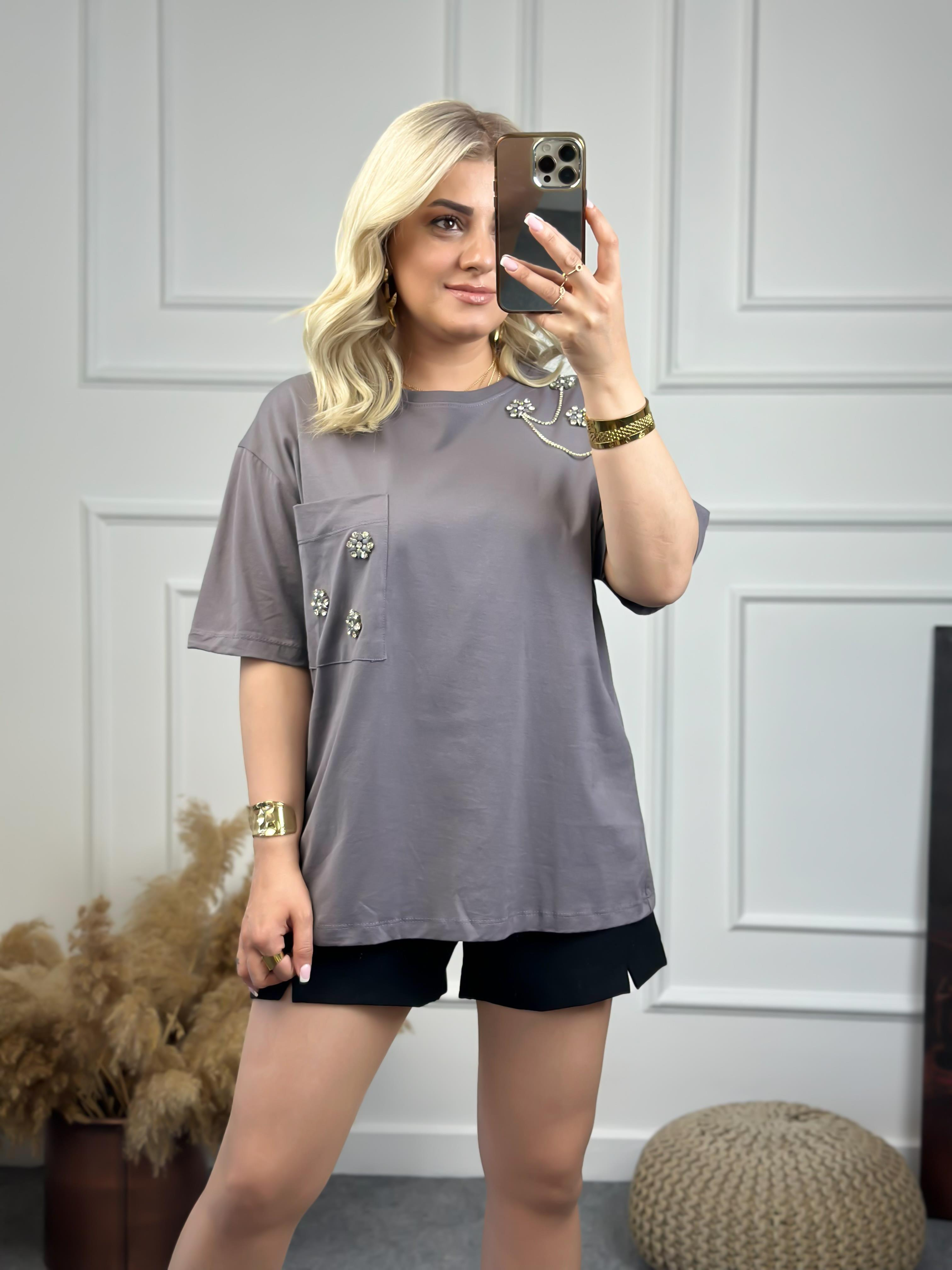 Cebi Taşlı Tshirt FÜME-23YUST000075