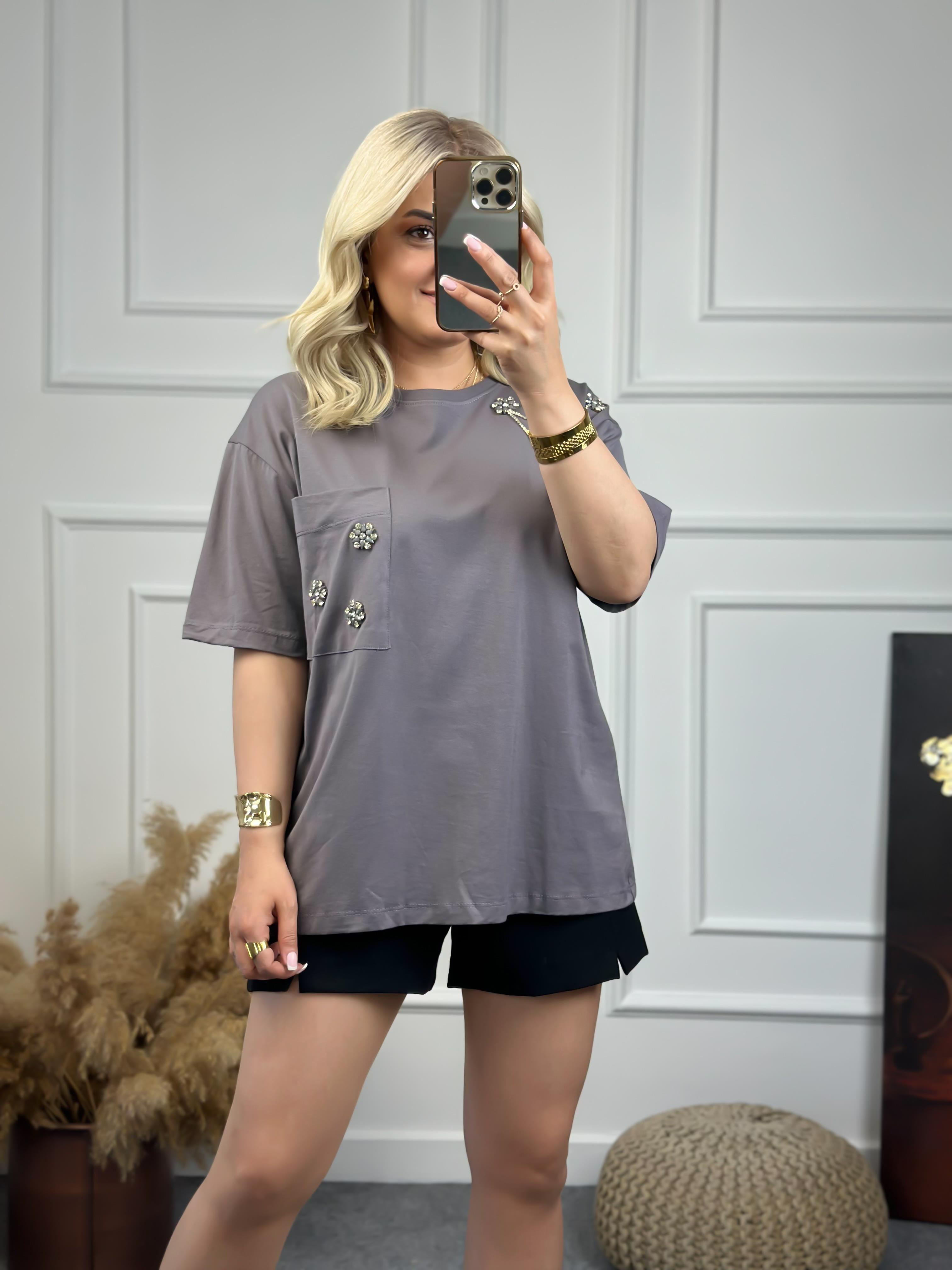 Cebi Taşlı Tshirt FÜME-23YUST000075