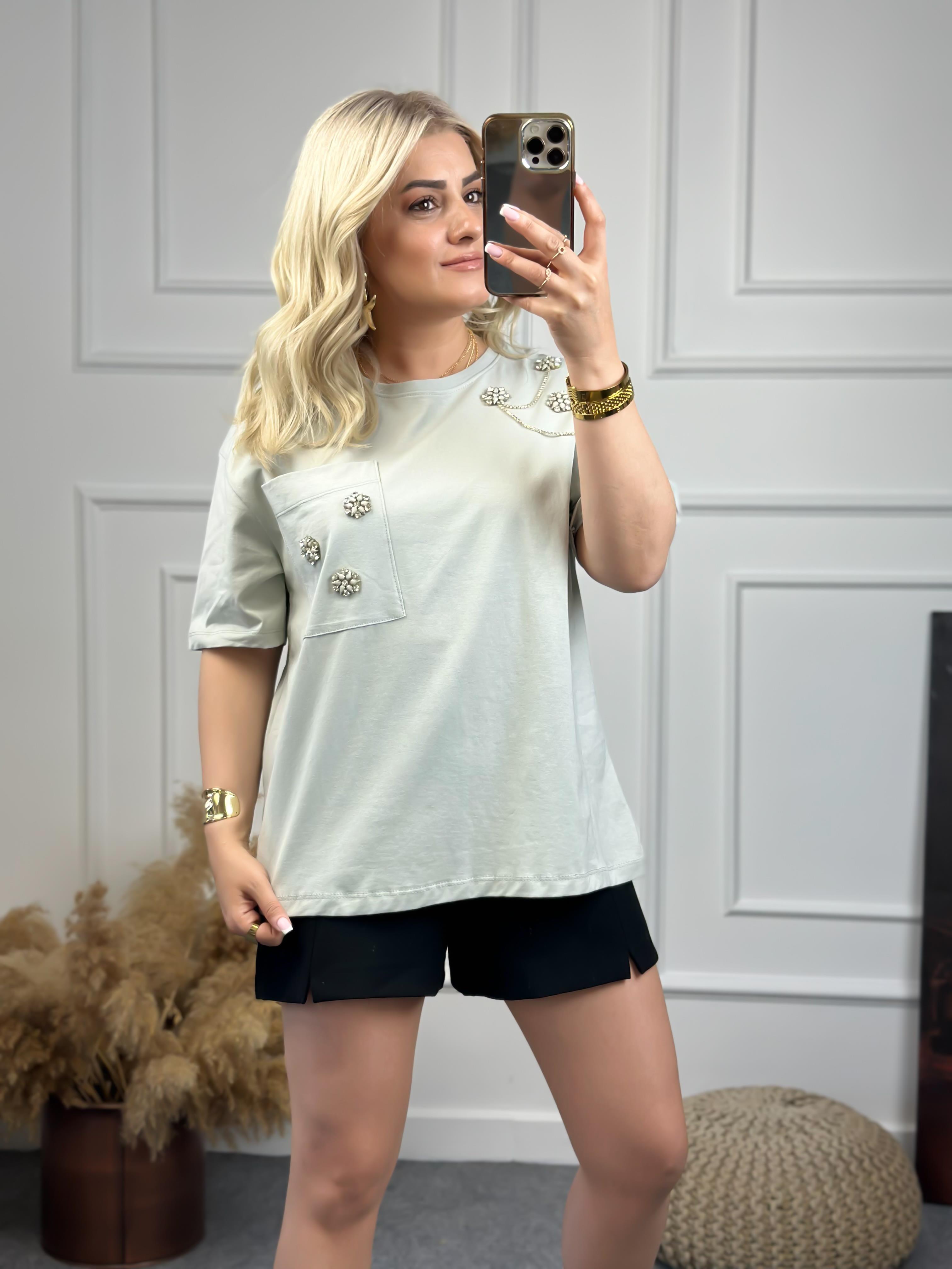 Cebi Taşlı Tshirt Mint-23YUST000075