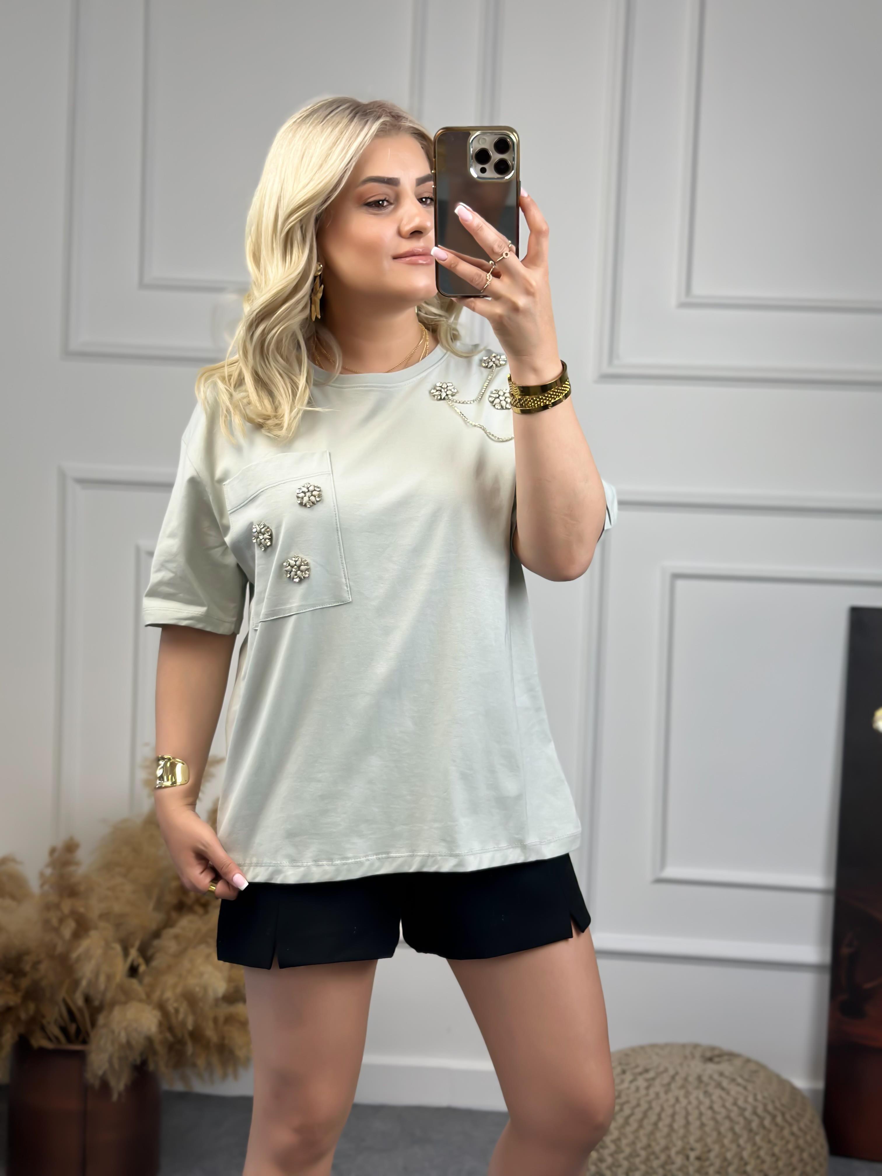 Cebi Taşlı Tshirt Mint-23YUST000075