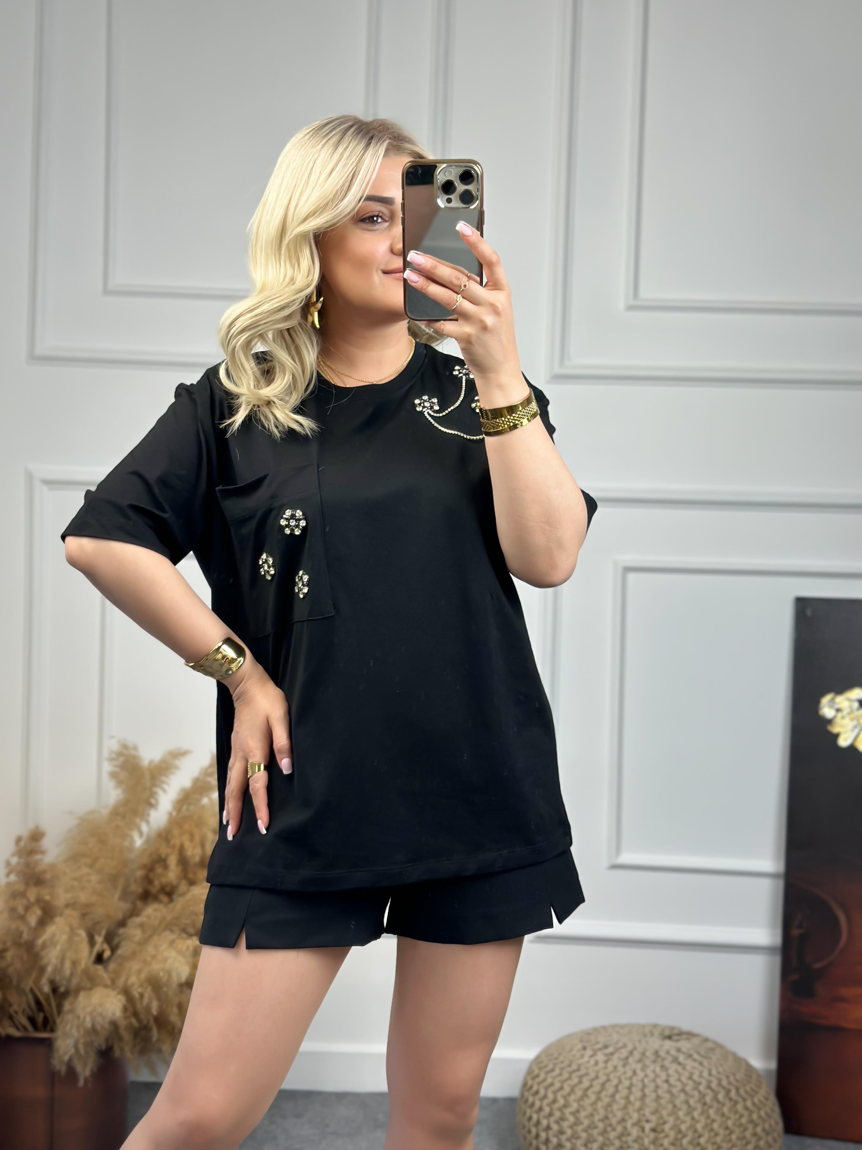 Cebi Taşlı Tshirt SİYAH-23YUST000075
