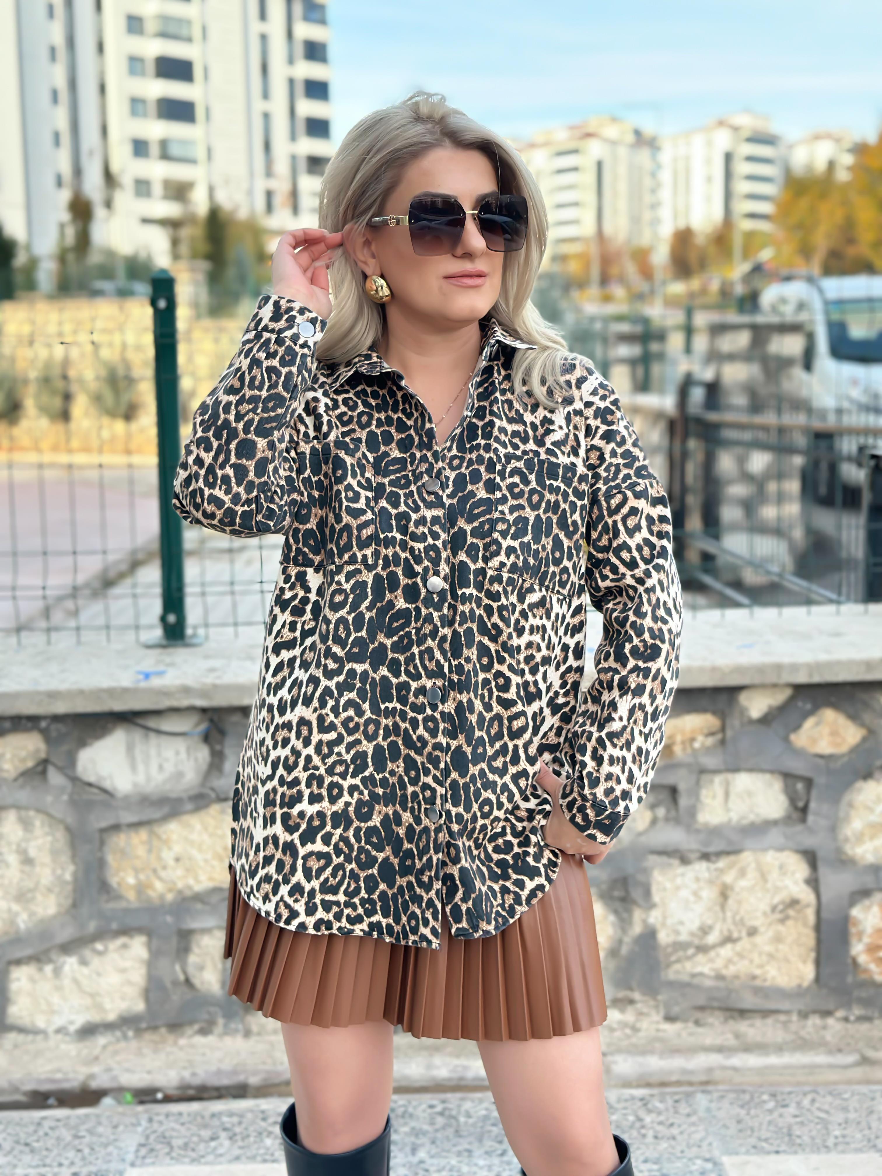 Cepli leopar Gömlek KAHVE-23MeUST00093