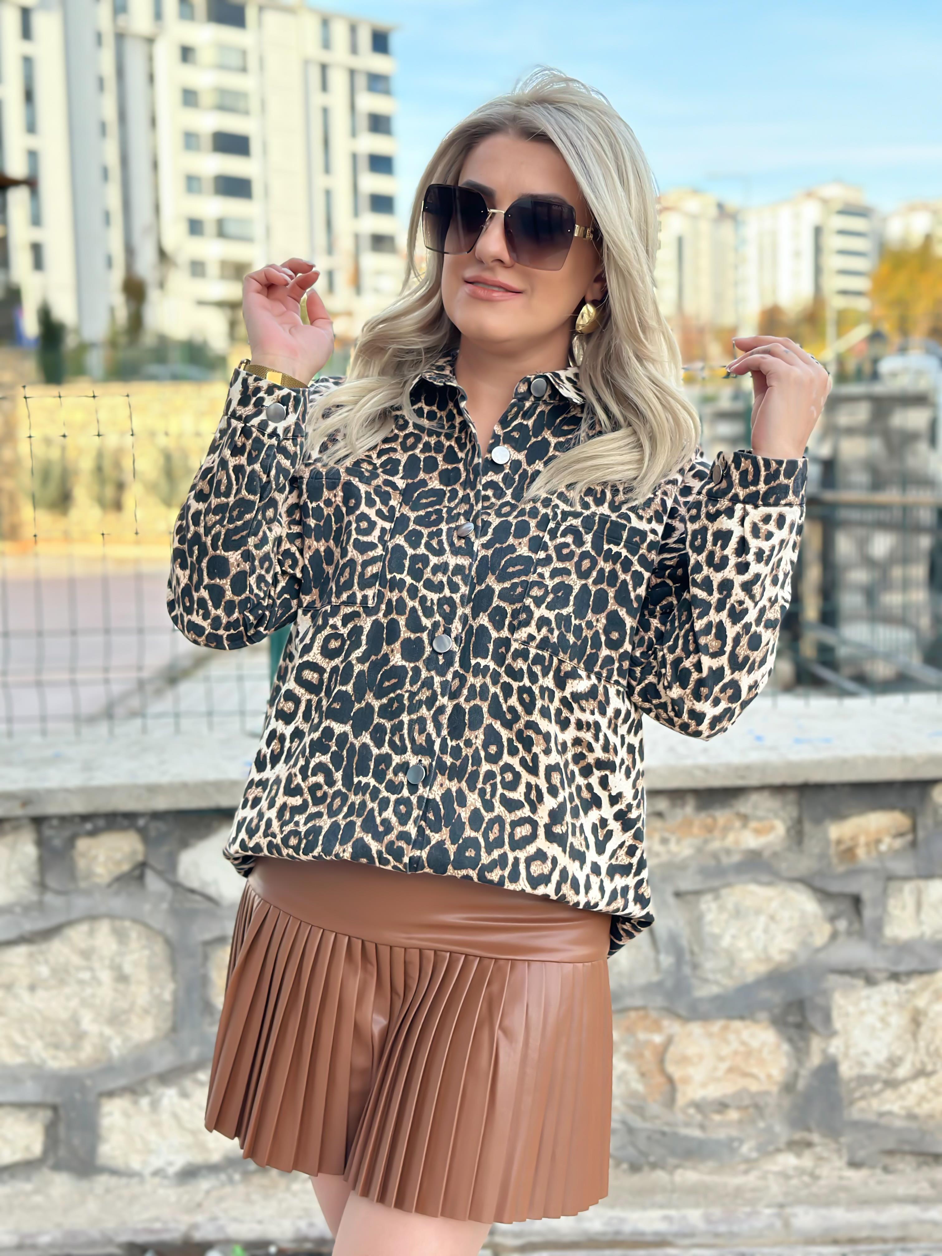 Cepli leopar Gömlek KAHVE-23MeUST00093