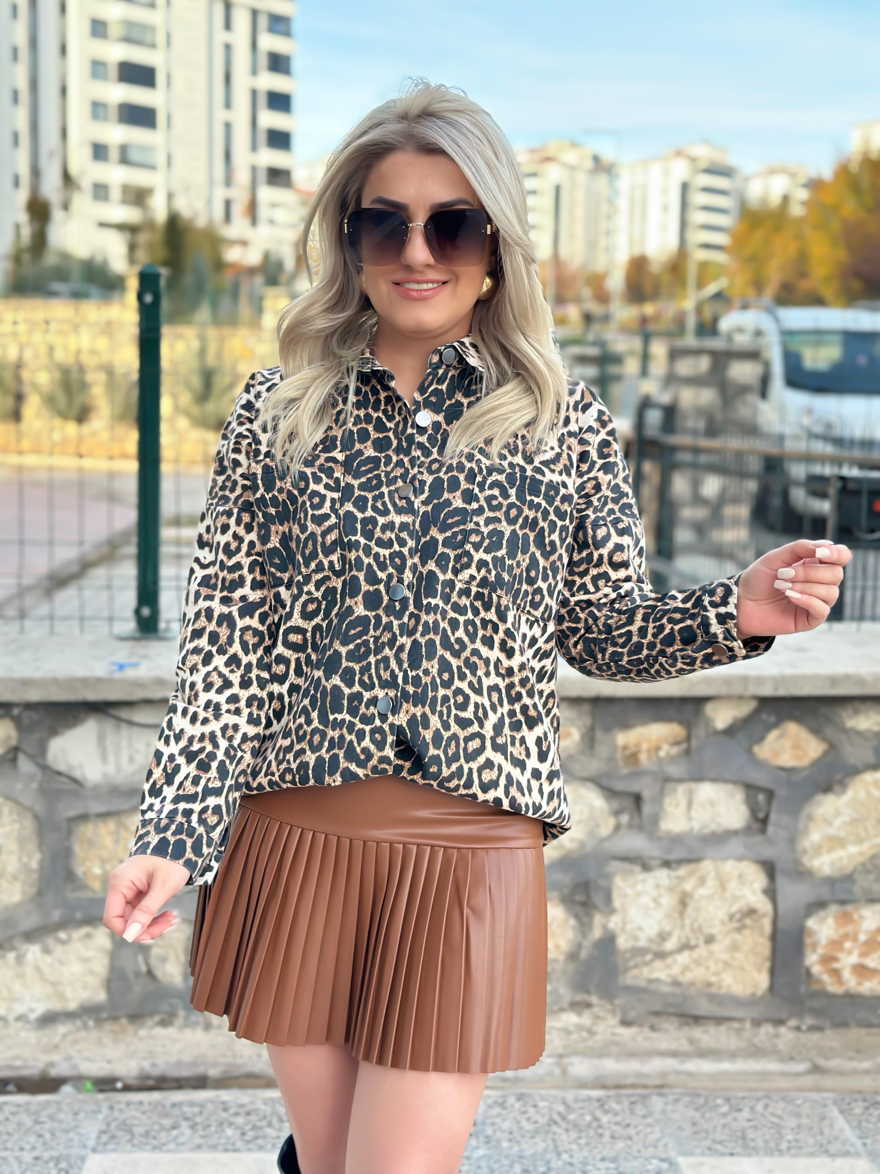 Cepli leopar Gömlek KAHVE-23MeUST00093