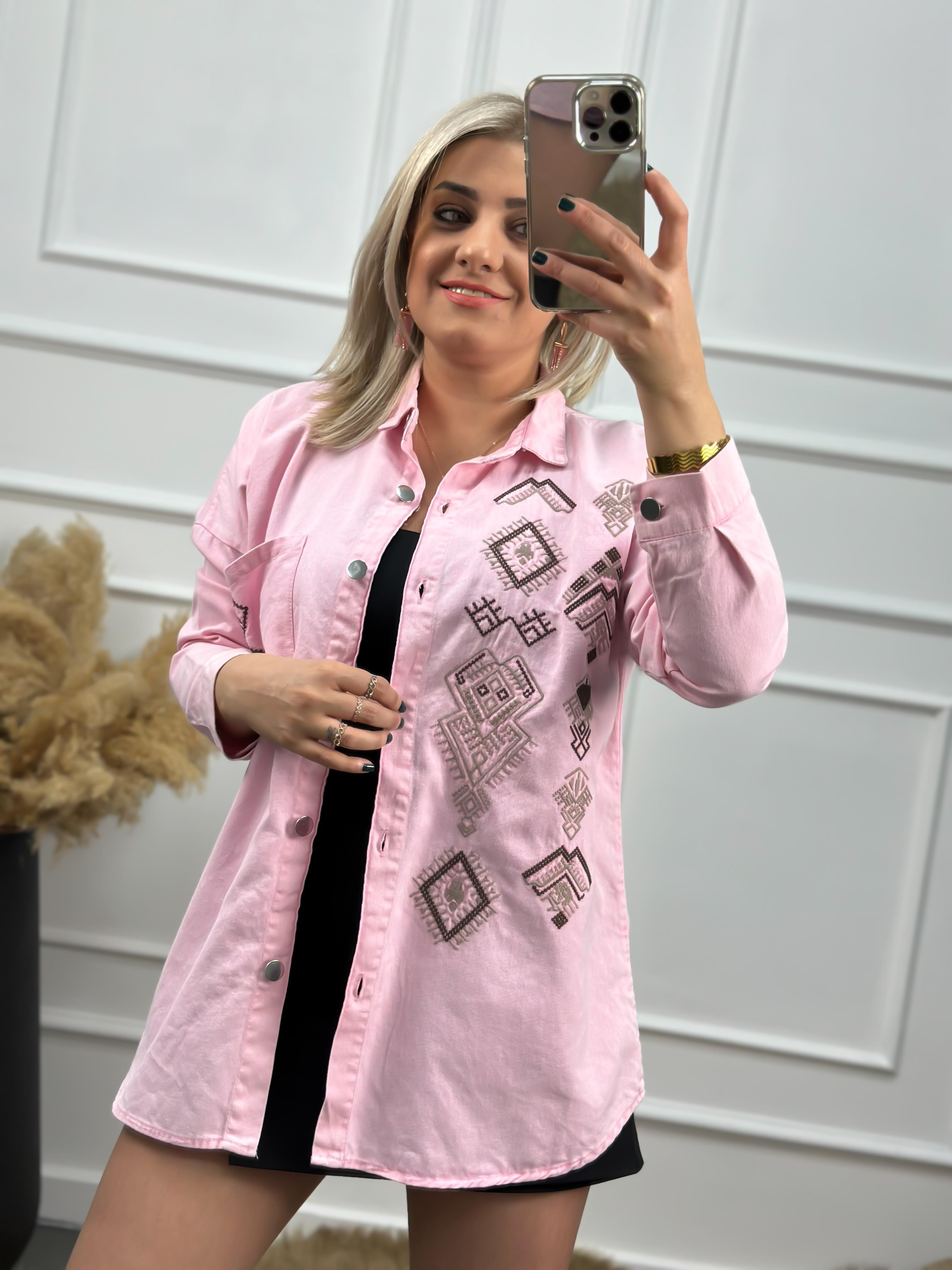 Cepli Nakışlı Gabardin Gömlek PEMBE-23MeUST00060