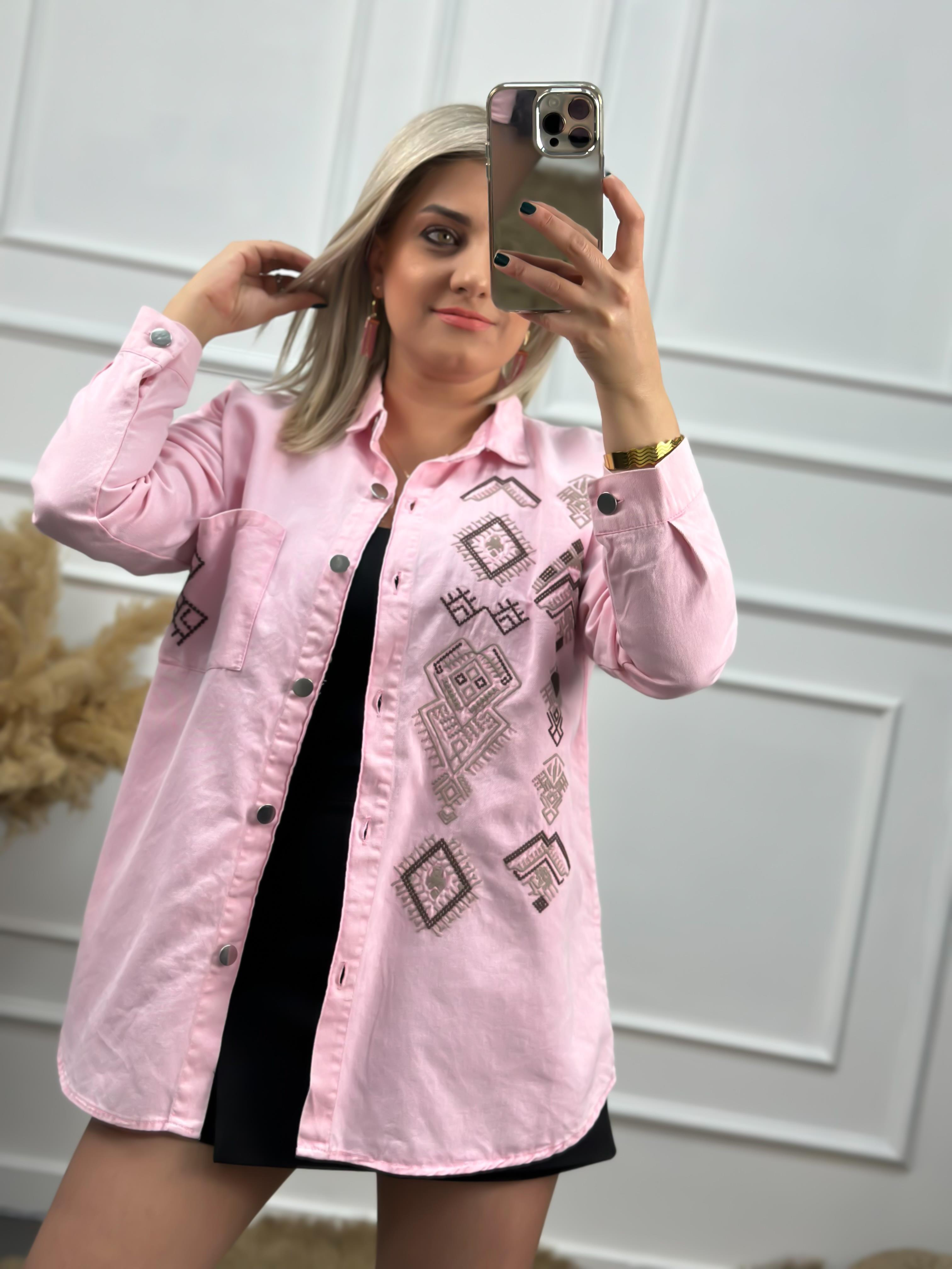 Cepli Nakışlı Gabardin Gömlek PEMBE-23MeUST00060