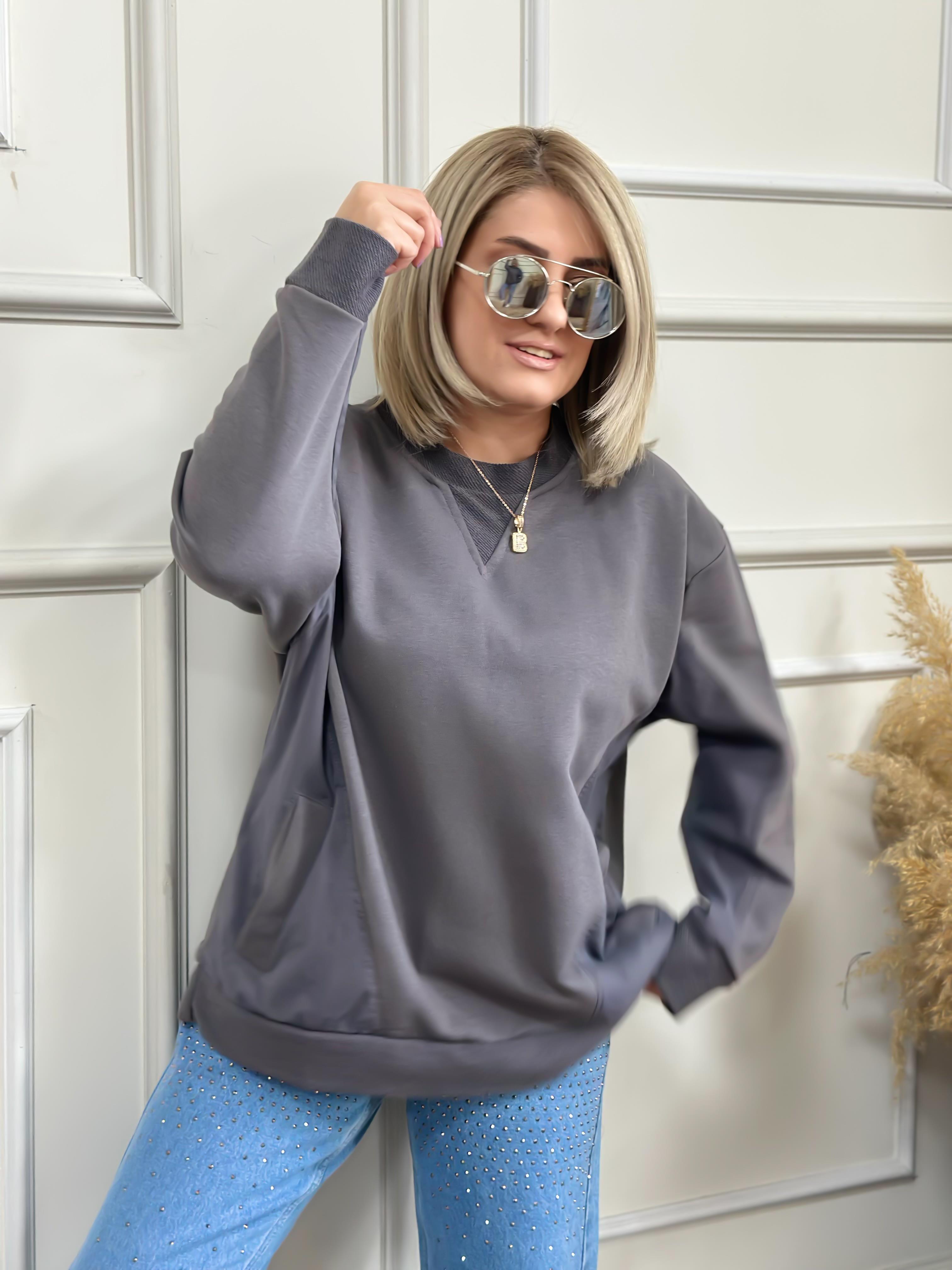 Cepli Poplin Detaylı Sweatshırt ANTRASİT-23KUST000022