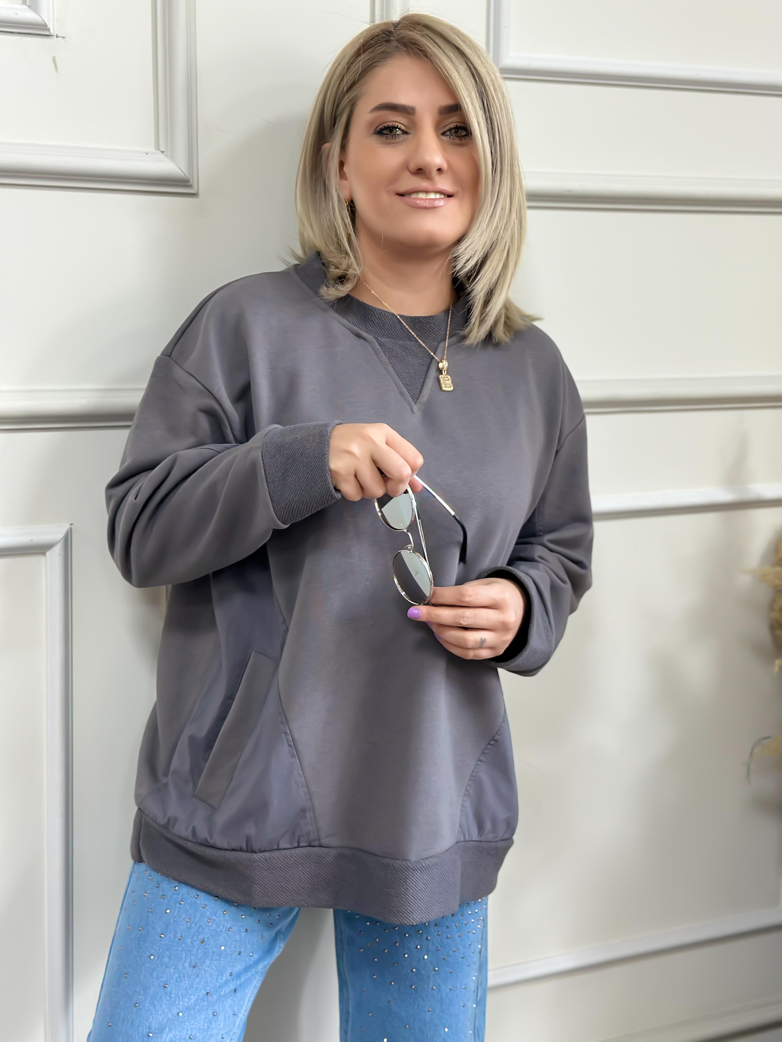 Cepli Poplin Detaylı Sweatshırt ANTRASİT-23KUST000022