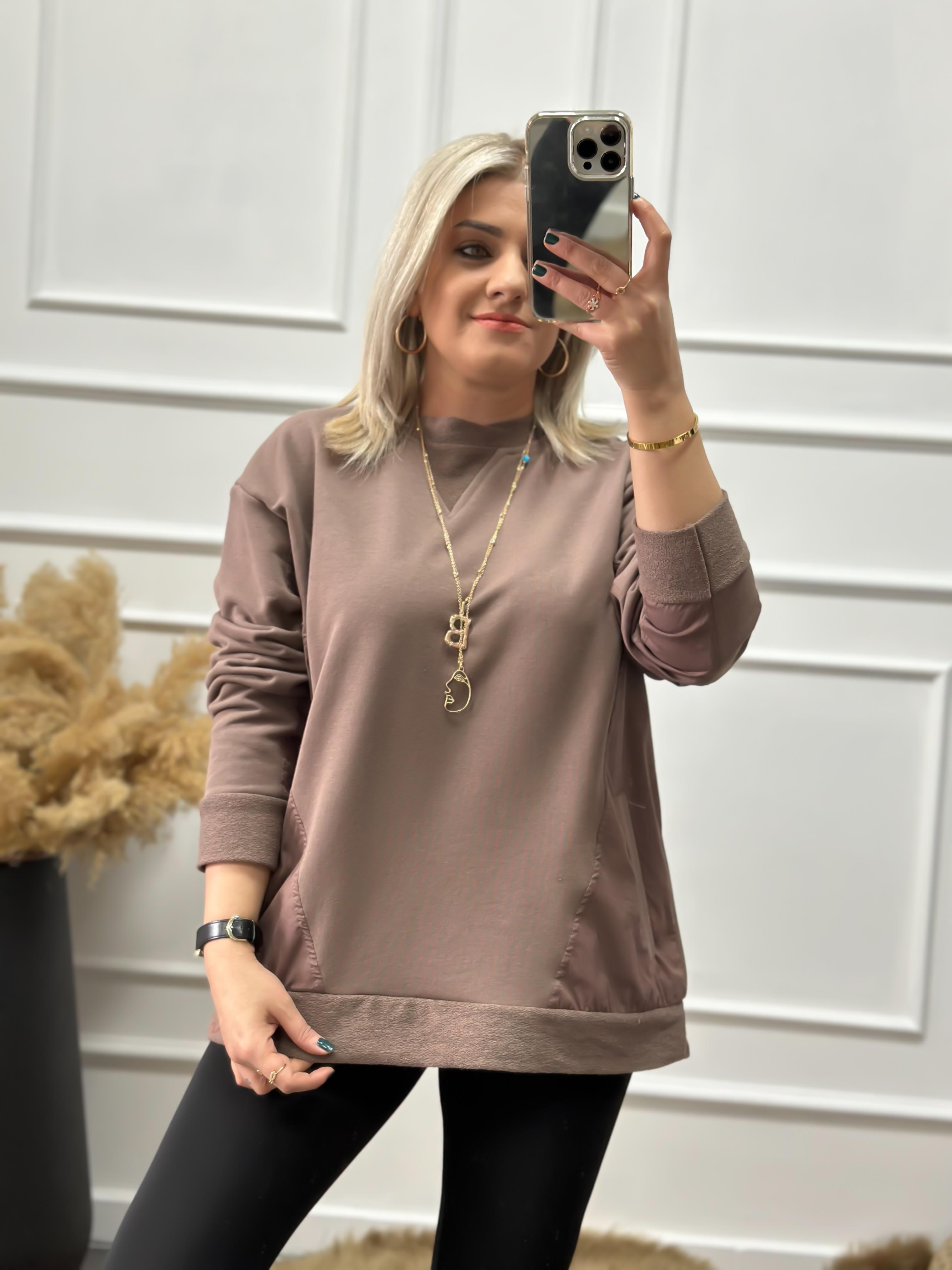 Cepli Poplin Detaylı Sweatshırt KAHVE-23KUST000022