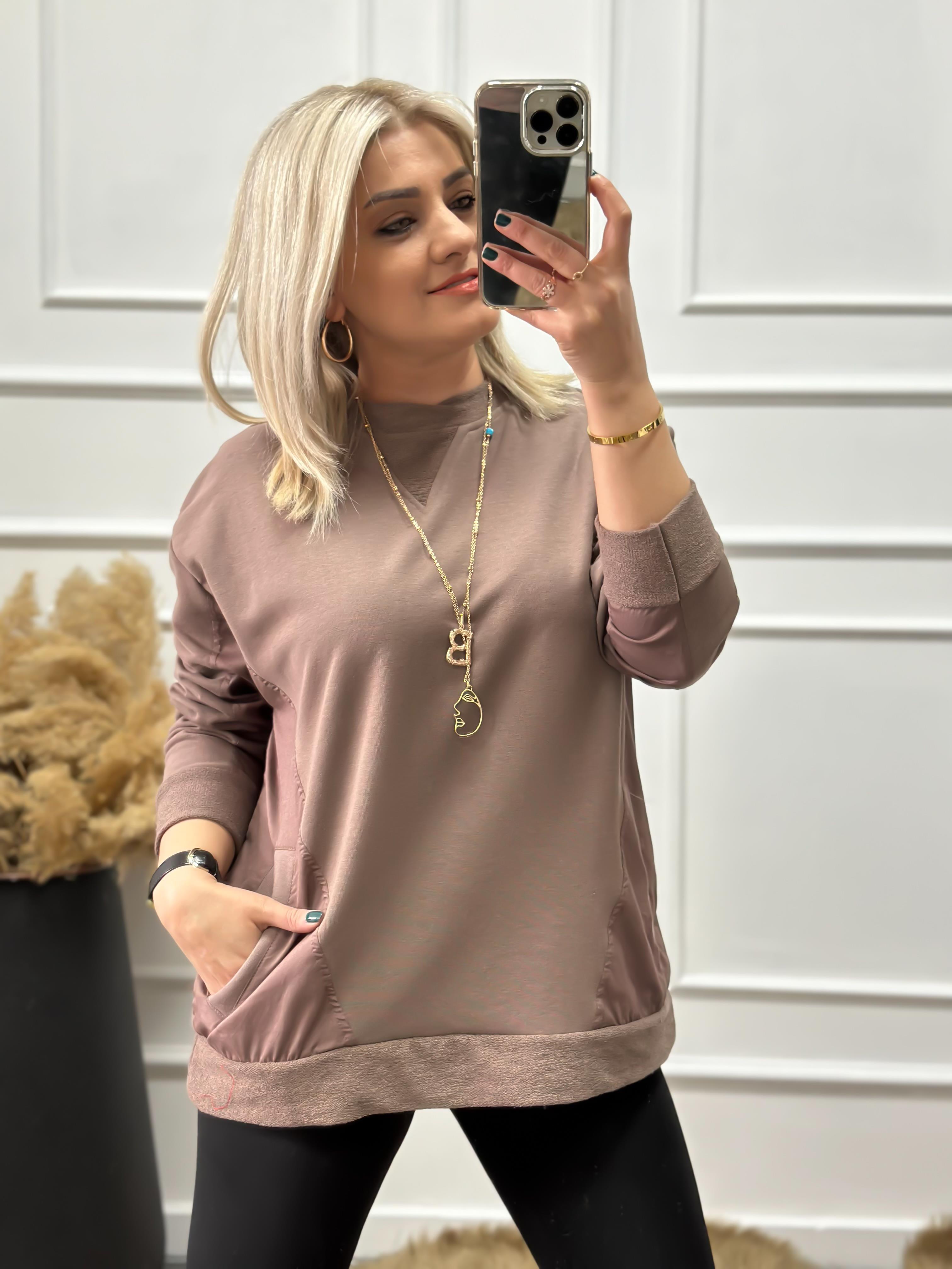Cepli Poplin Detaylı Sweatshırt KAHVE-23KUST000022