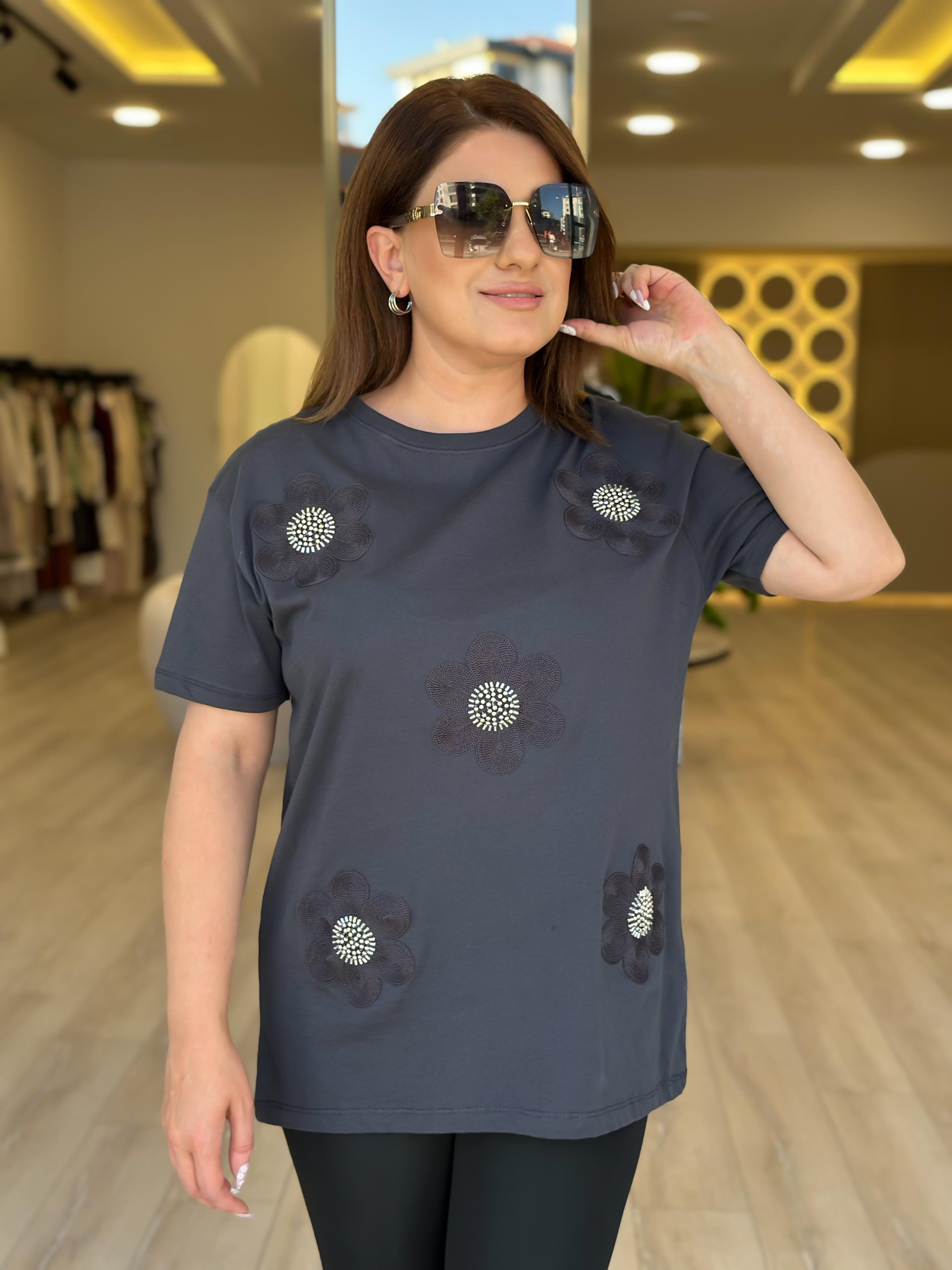 Çiçek Detaylı Taşlı Tshirt ANTRASİT-23YUST000223