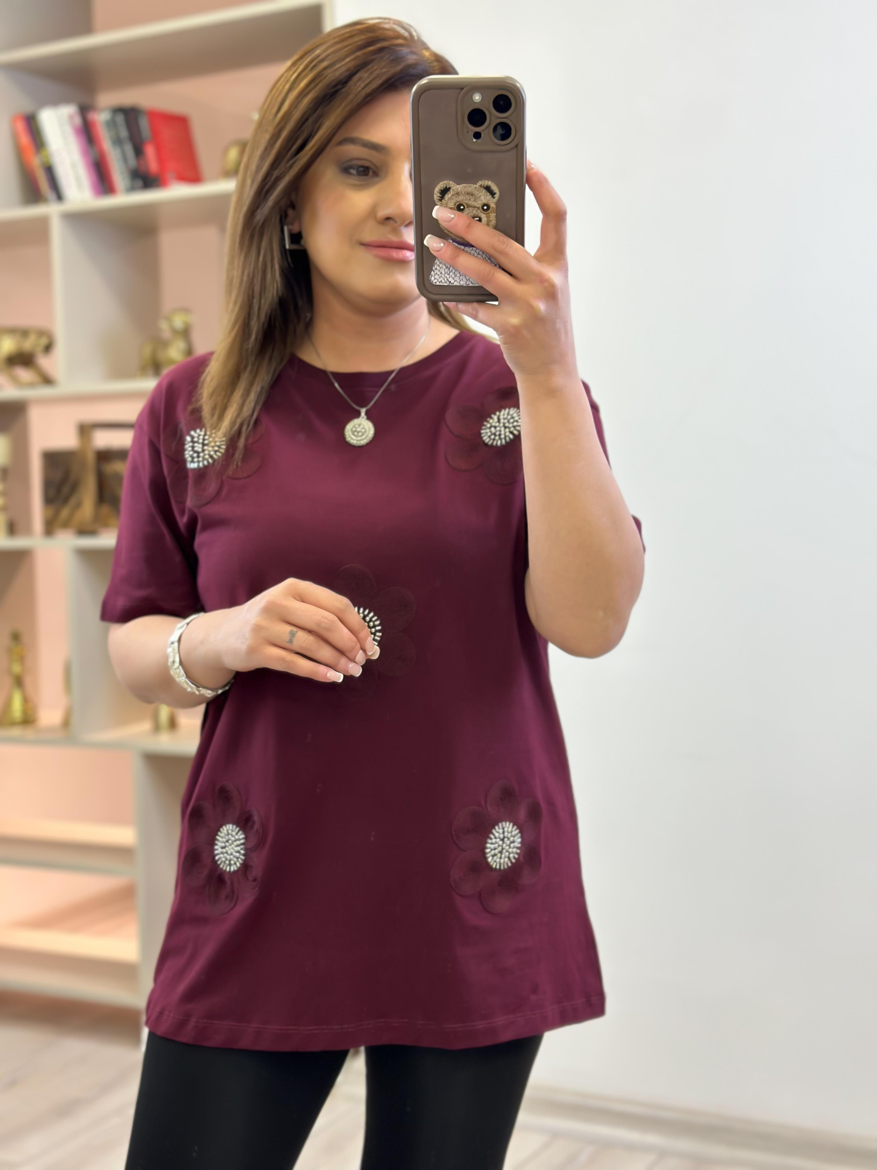 Çiçek Detaylı Taşlı Tshirt BORDO-23YUST000223