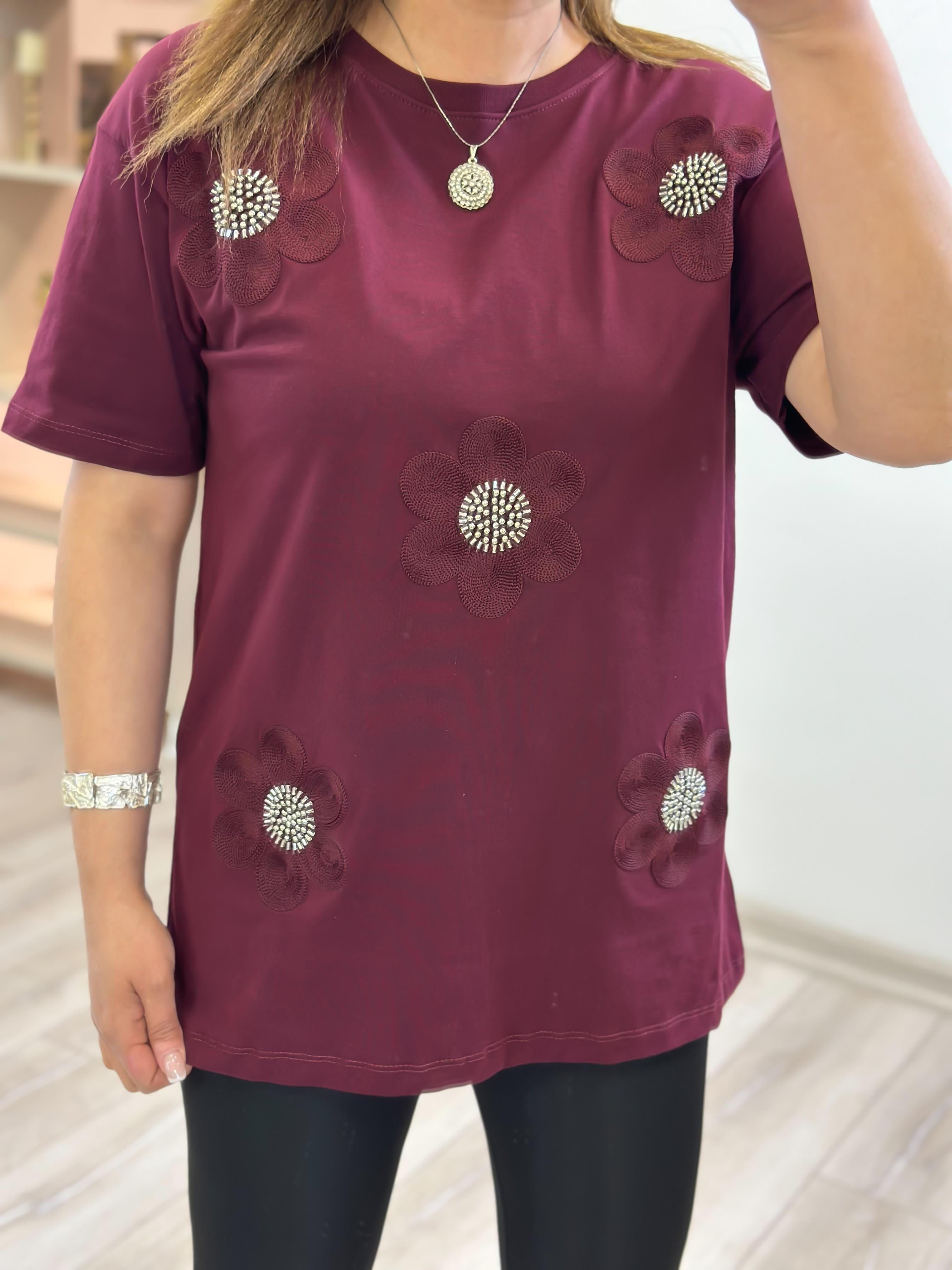 Çiçek Detaylı Taşlı Tshirt BORDO-23YUST000223