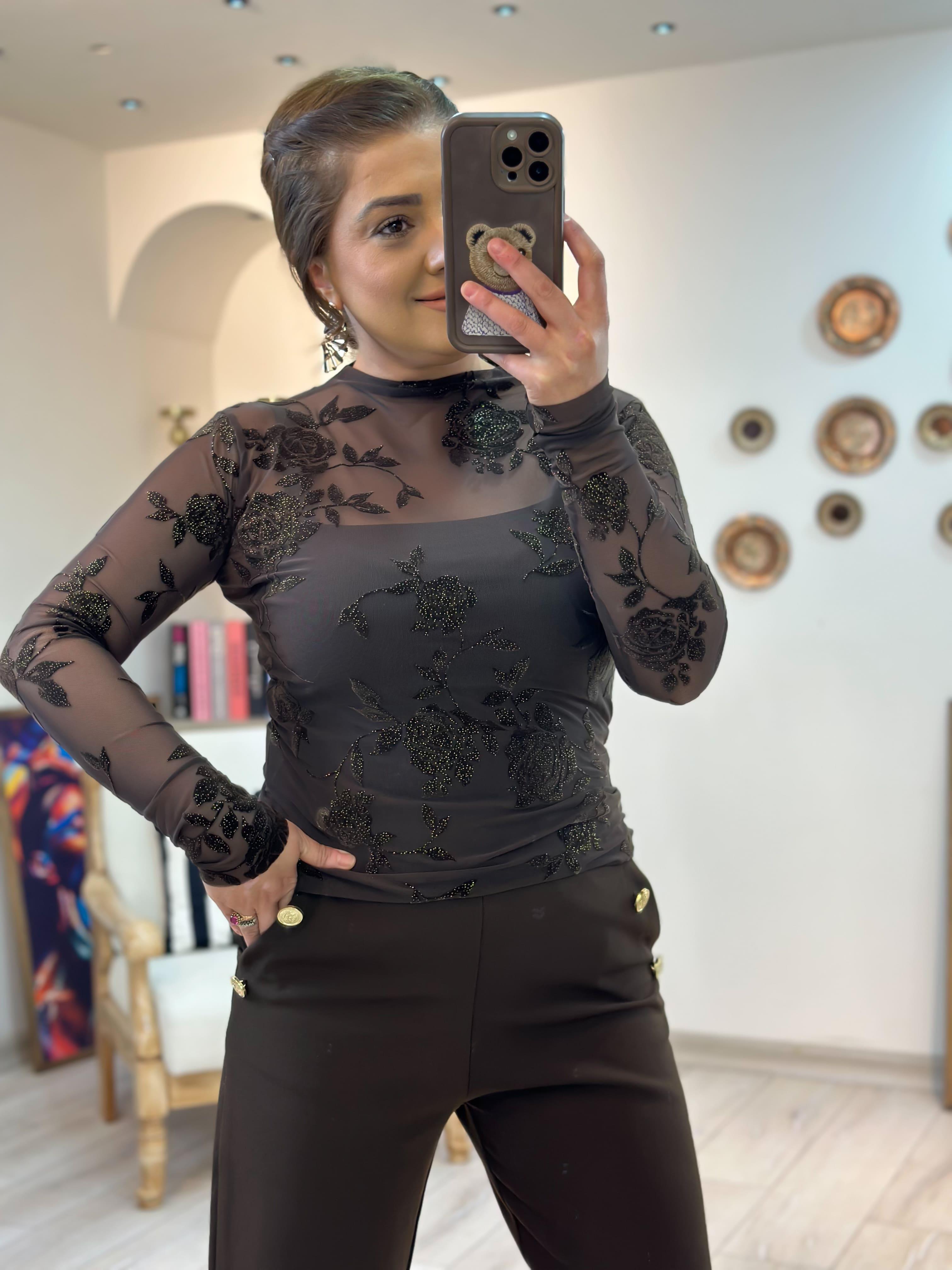 Çiçek Detaylı Transparan Bluz KAHVE-23KUST000124