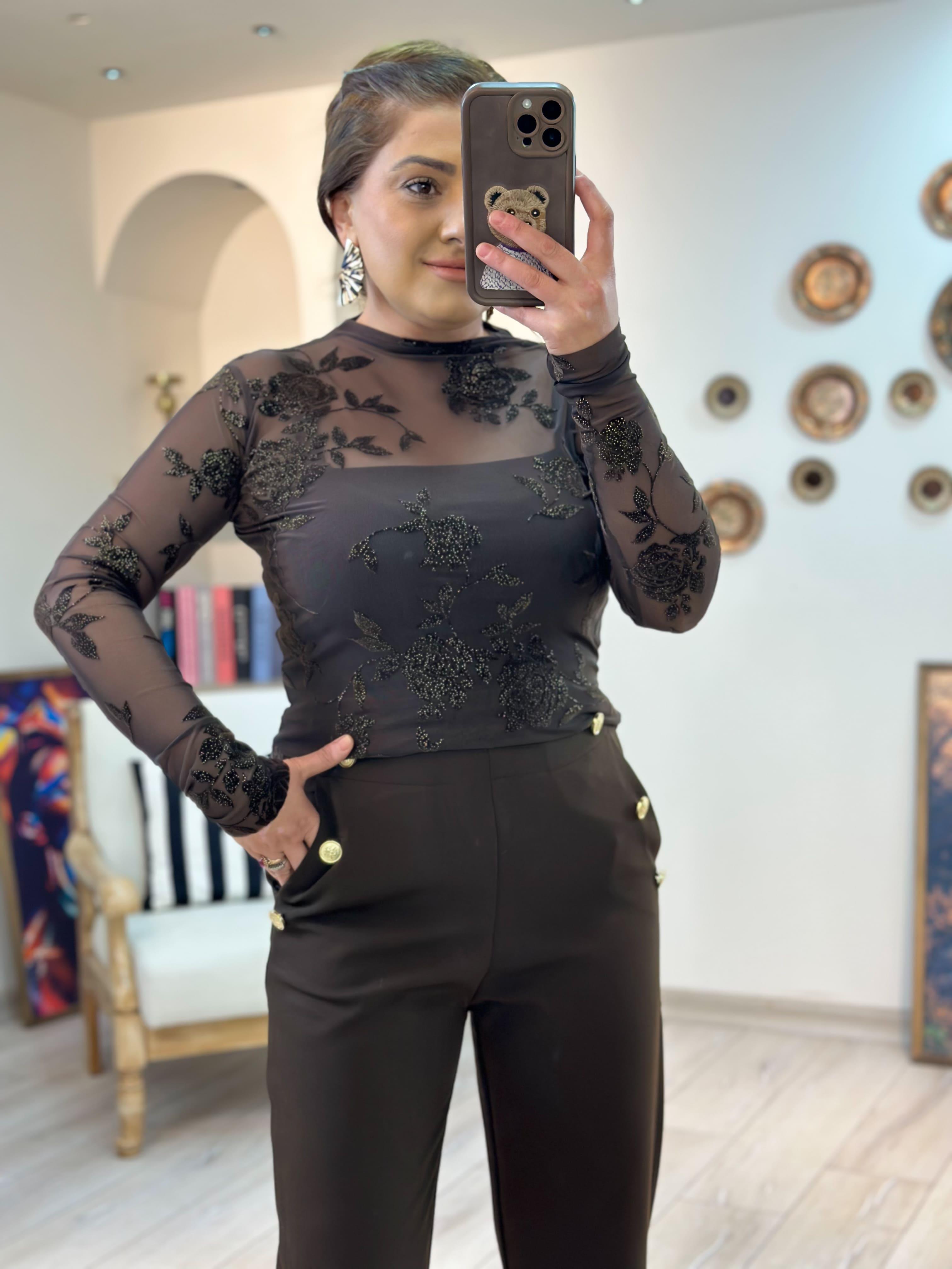 Çiçek Detaylı Transparan Bluz KAHVE-23KUST000124