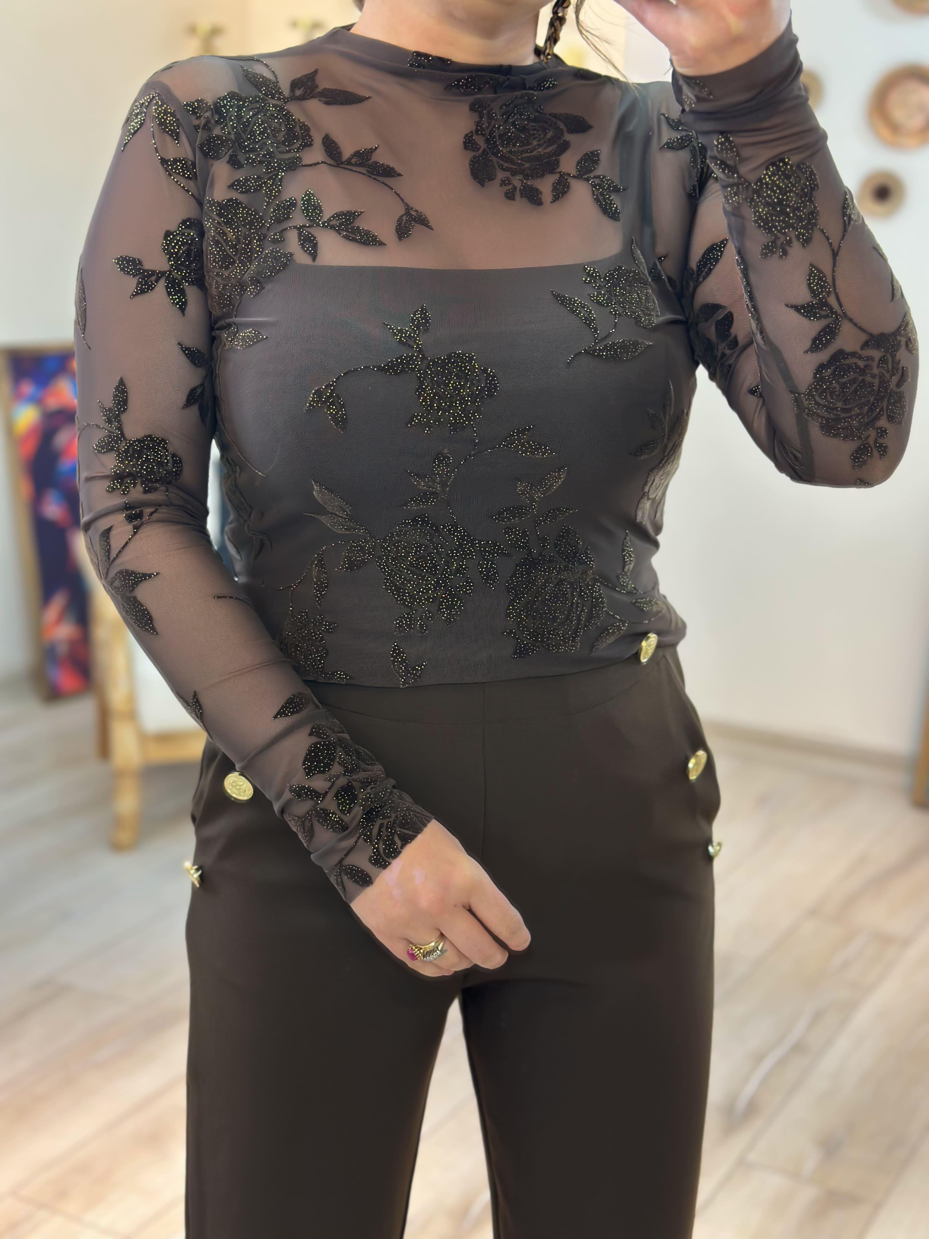 Çiçek Detaylı Transparan Bluz KAHVE-23KUST000124