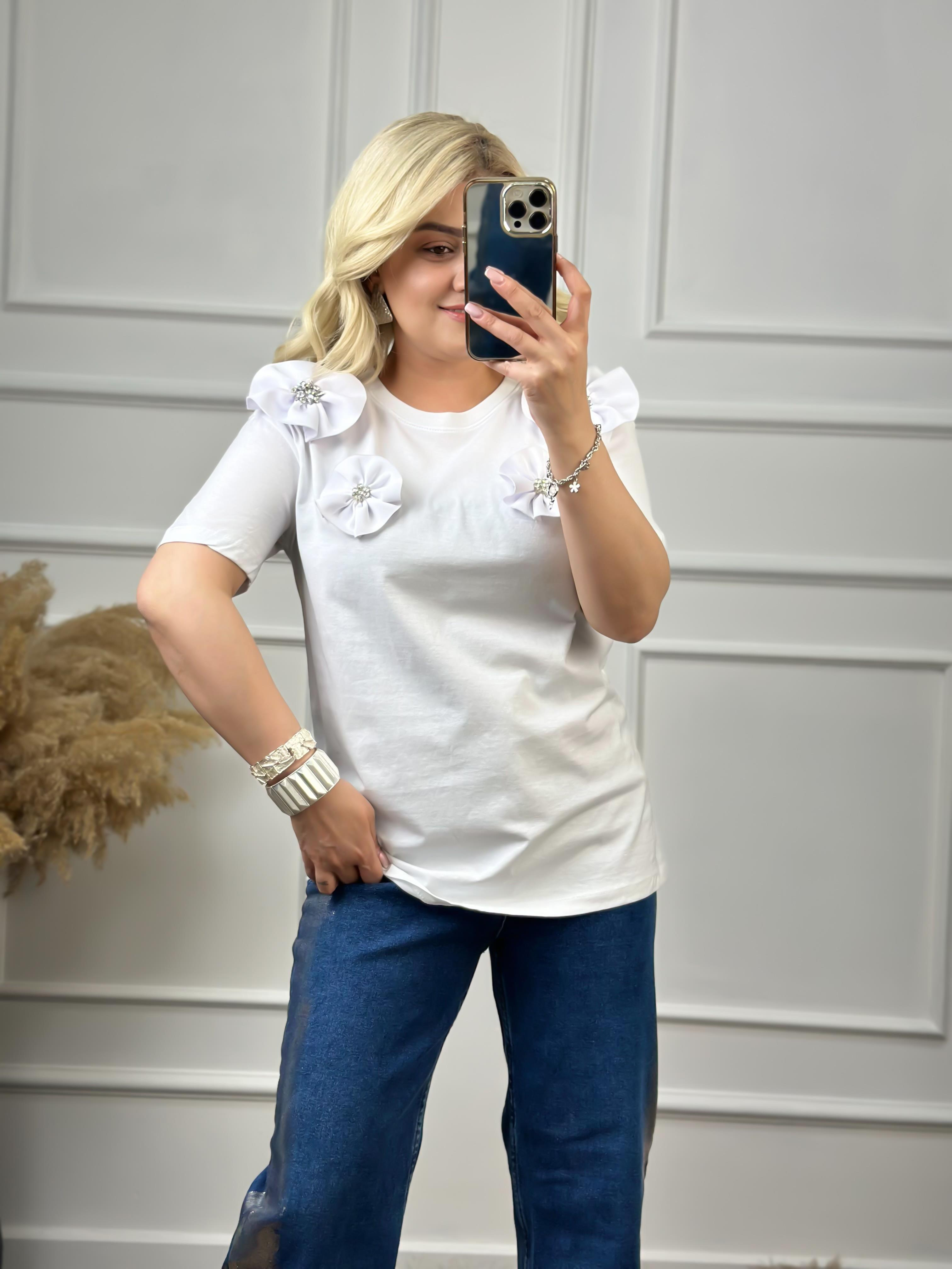 Çiçekli Taşlı Tshirt BEYAZ-23YUST000052
