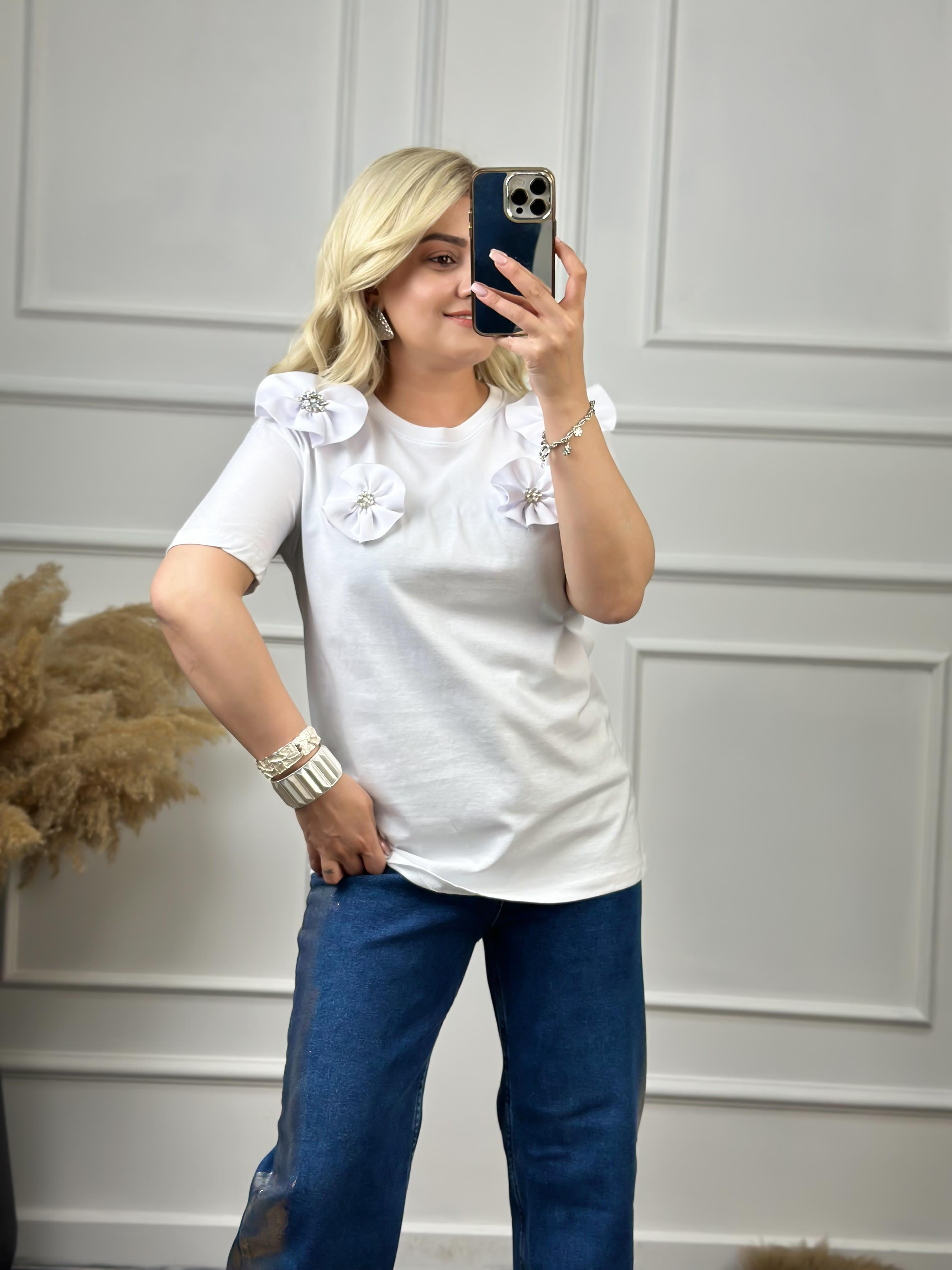 Çiçekli Taşlı Tshirt BEYAZ-23YUST000052