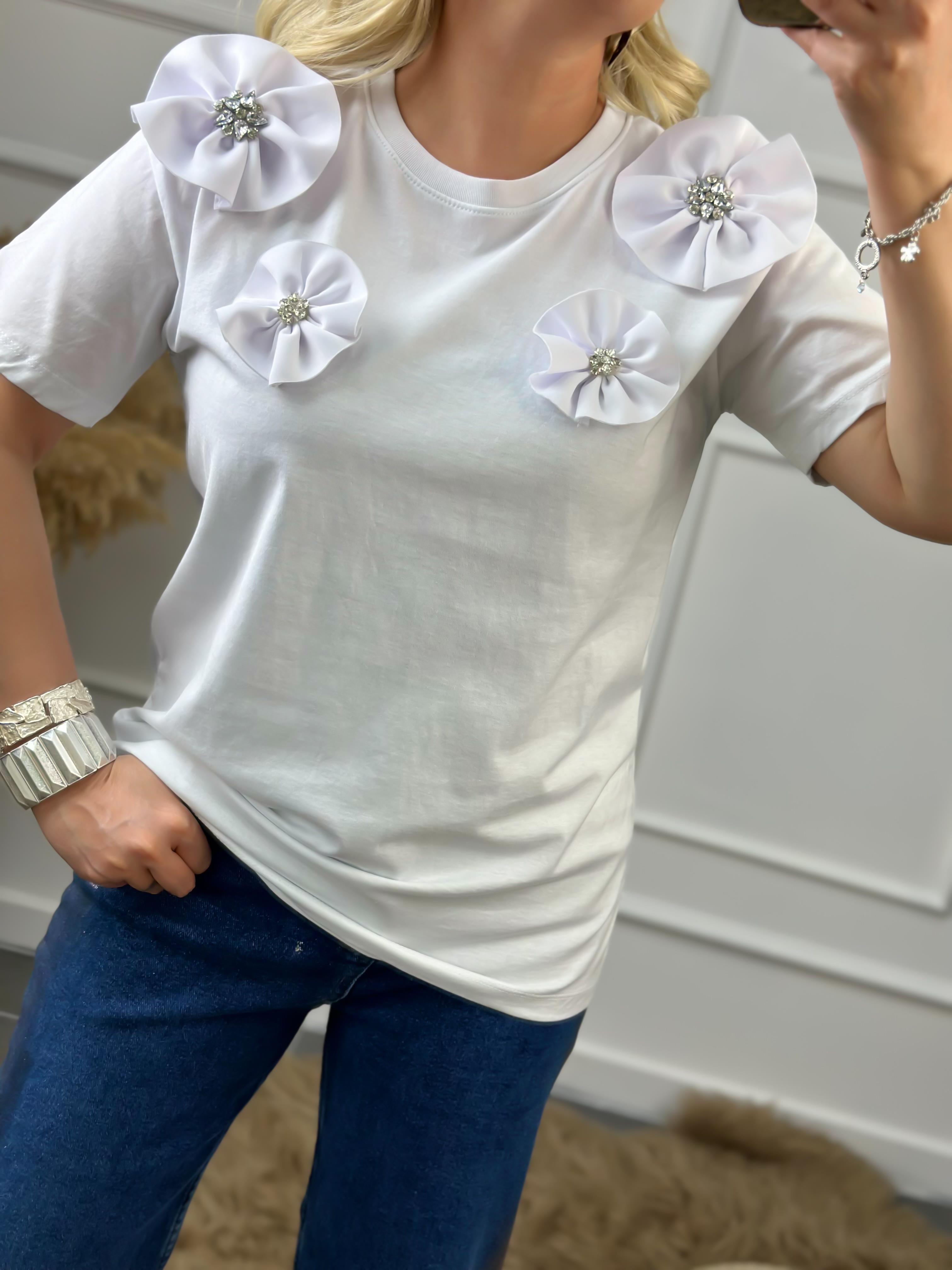 Çiçekli Taşlı Tshirt BEYAZ-23YUST000052