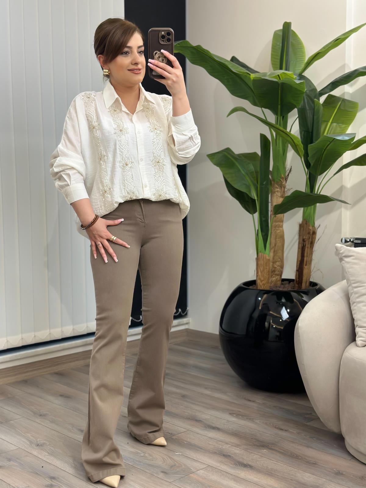 Çift Şerit Çiçek  Desen Keten Gömlek BEYAZ-23MeUST00139