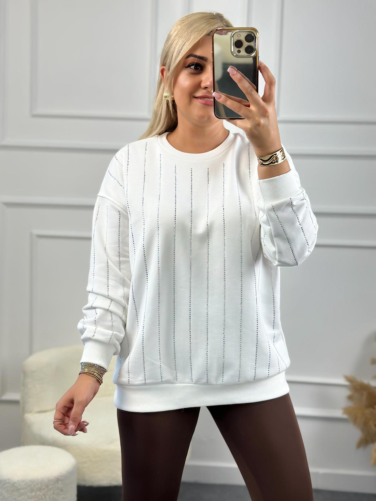 Çizgi Taşlı Sweatshirt BEYAZ-23KUST000073