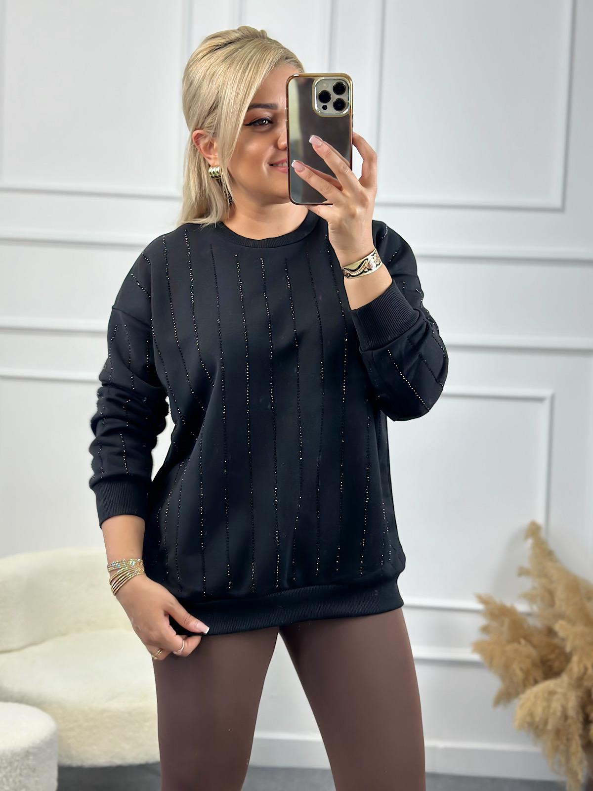 Çizgi Taşlı Sweatshirt SİYAH-23KUST000073