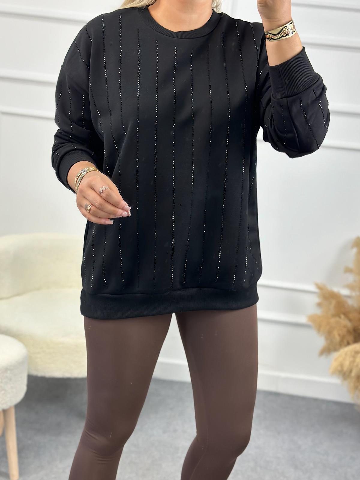 Çizgi Taşlı Sweatshirt SİYAH-23KUST000073