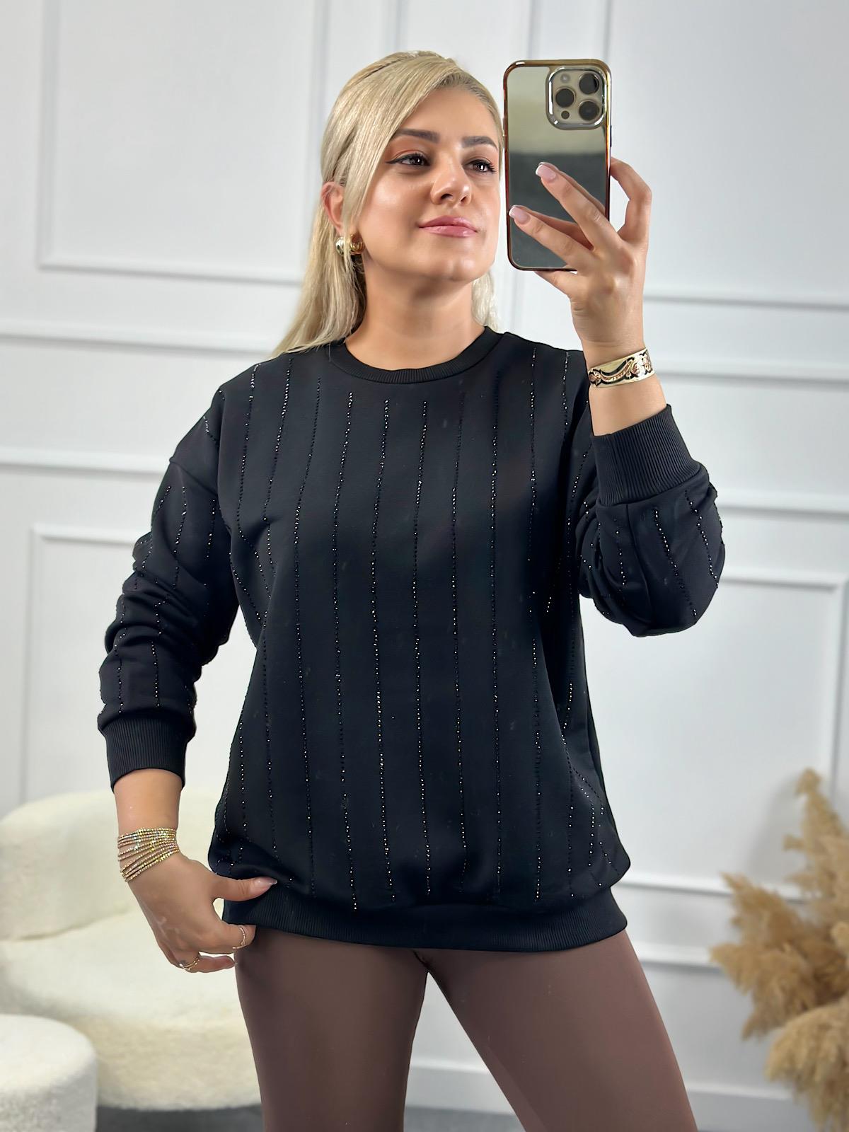 Çizgi Taşlı Sweatshirt SİYAH-23KUST000073
