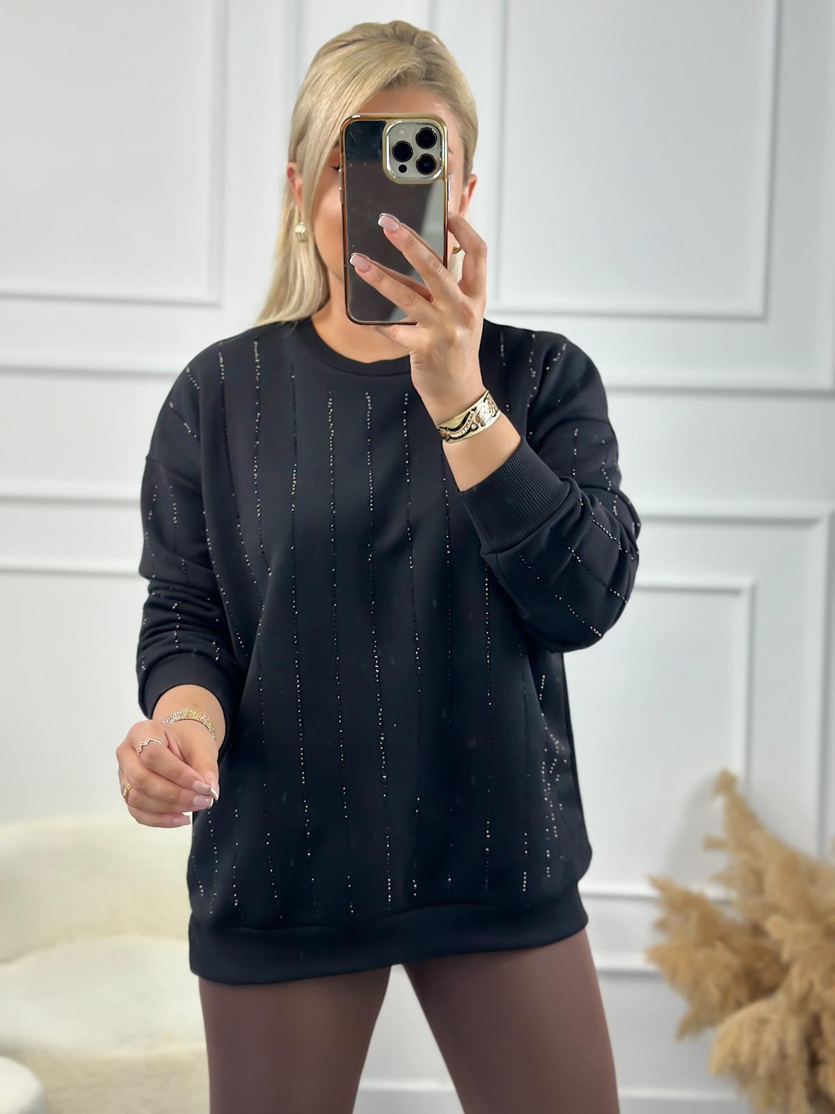 Çizgi Taşlı Sweatshirt SİYAH-23KUST000073