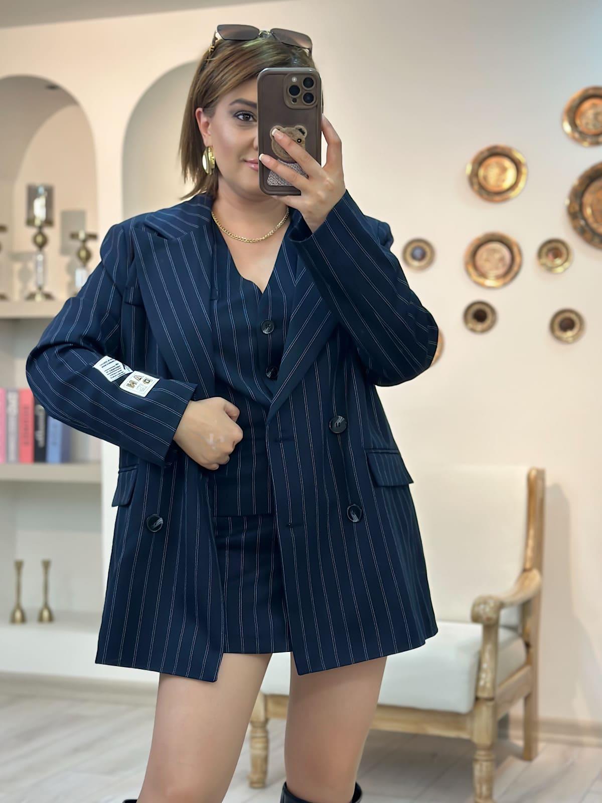 Çizgili Blazer Ceket LACİVERT-23YDIS000014