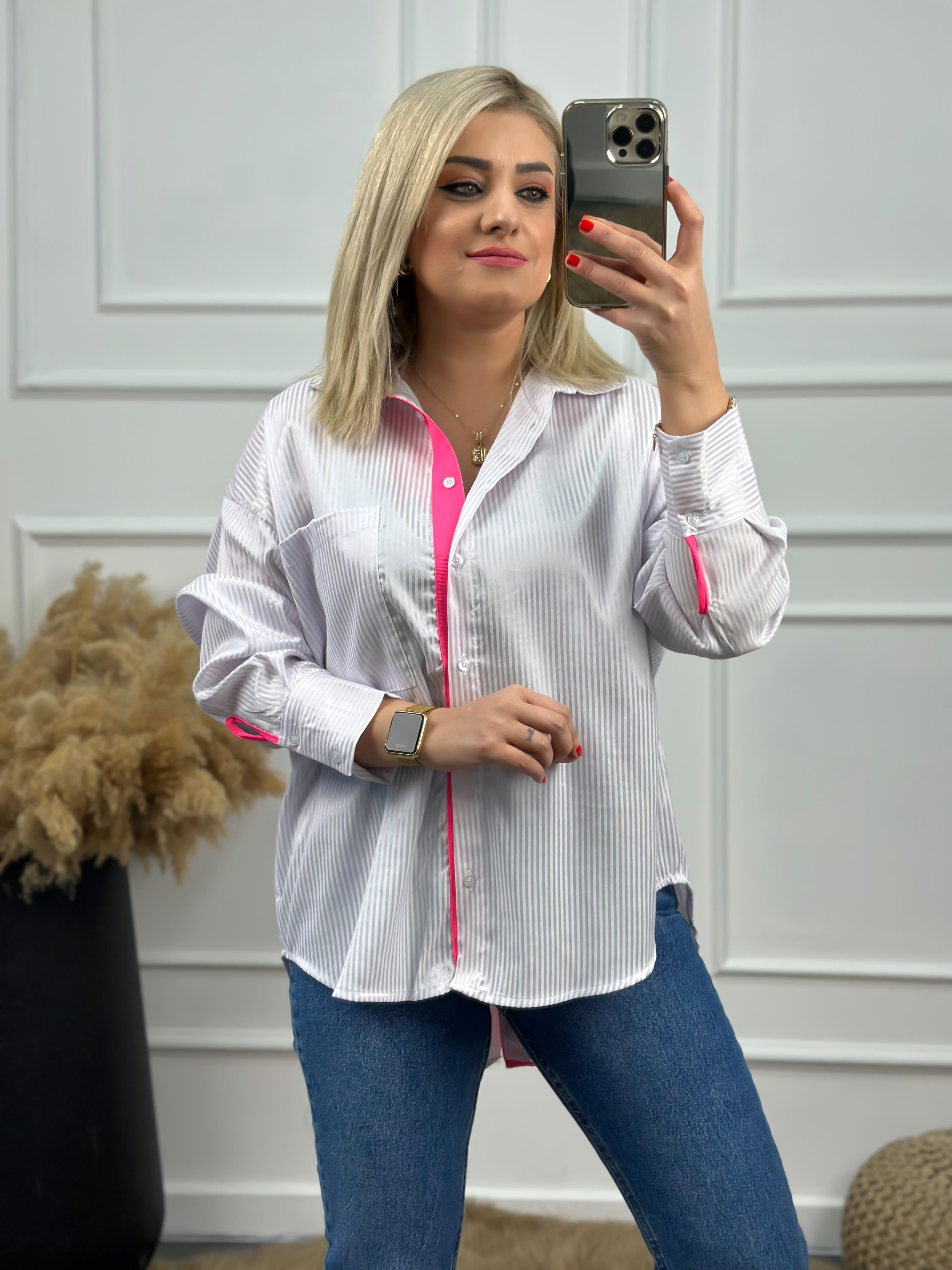 Çizgili Cepli Arkası Düğmeli Gömlek NEON PEMBE-23MeUST00056