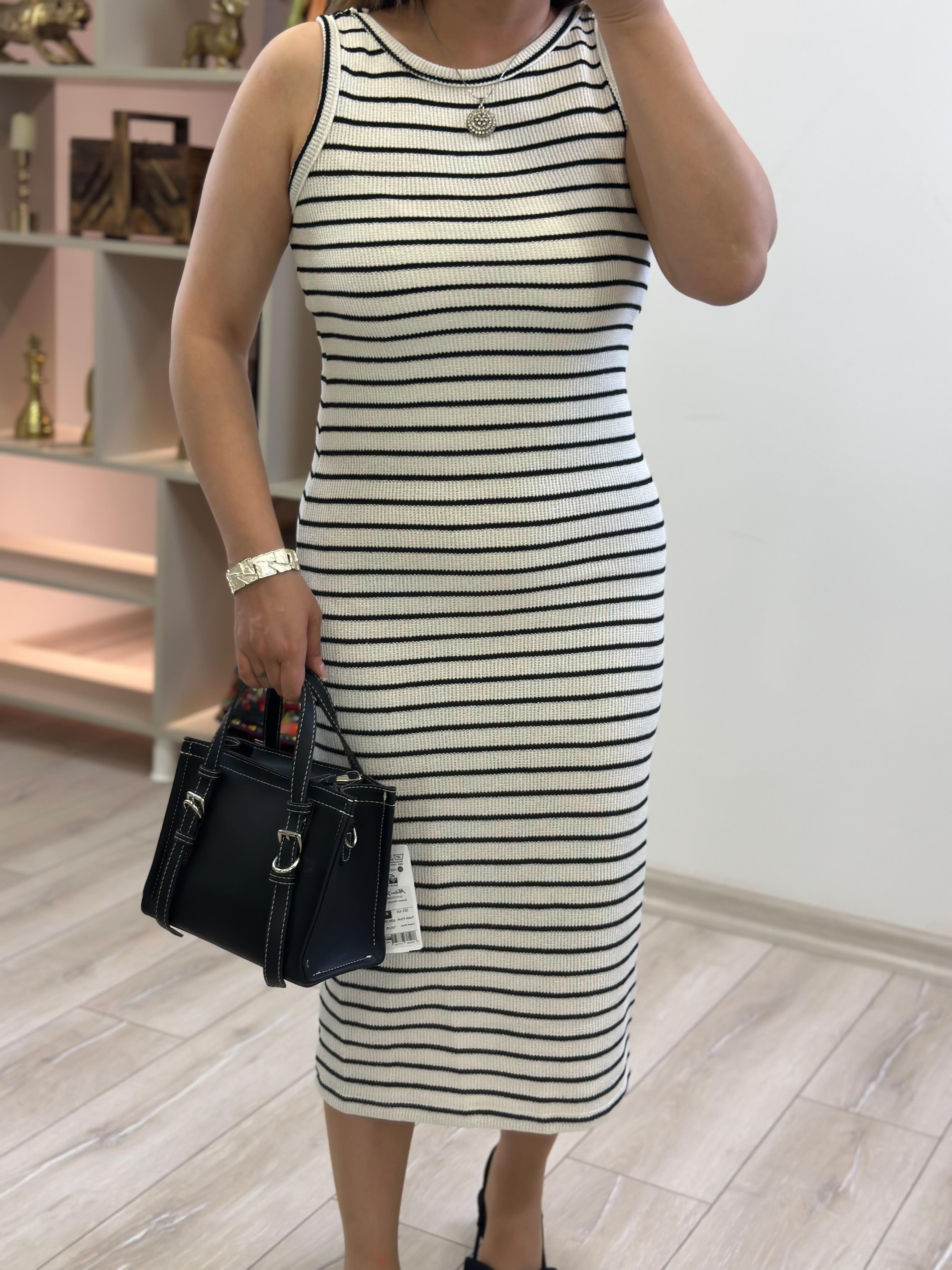 Çizgili Halter Yaka Örme Elbise BEYAZ-23YELB000140