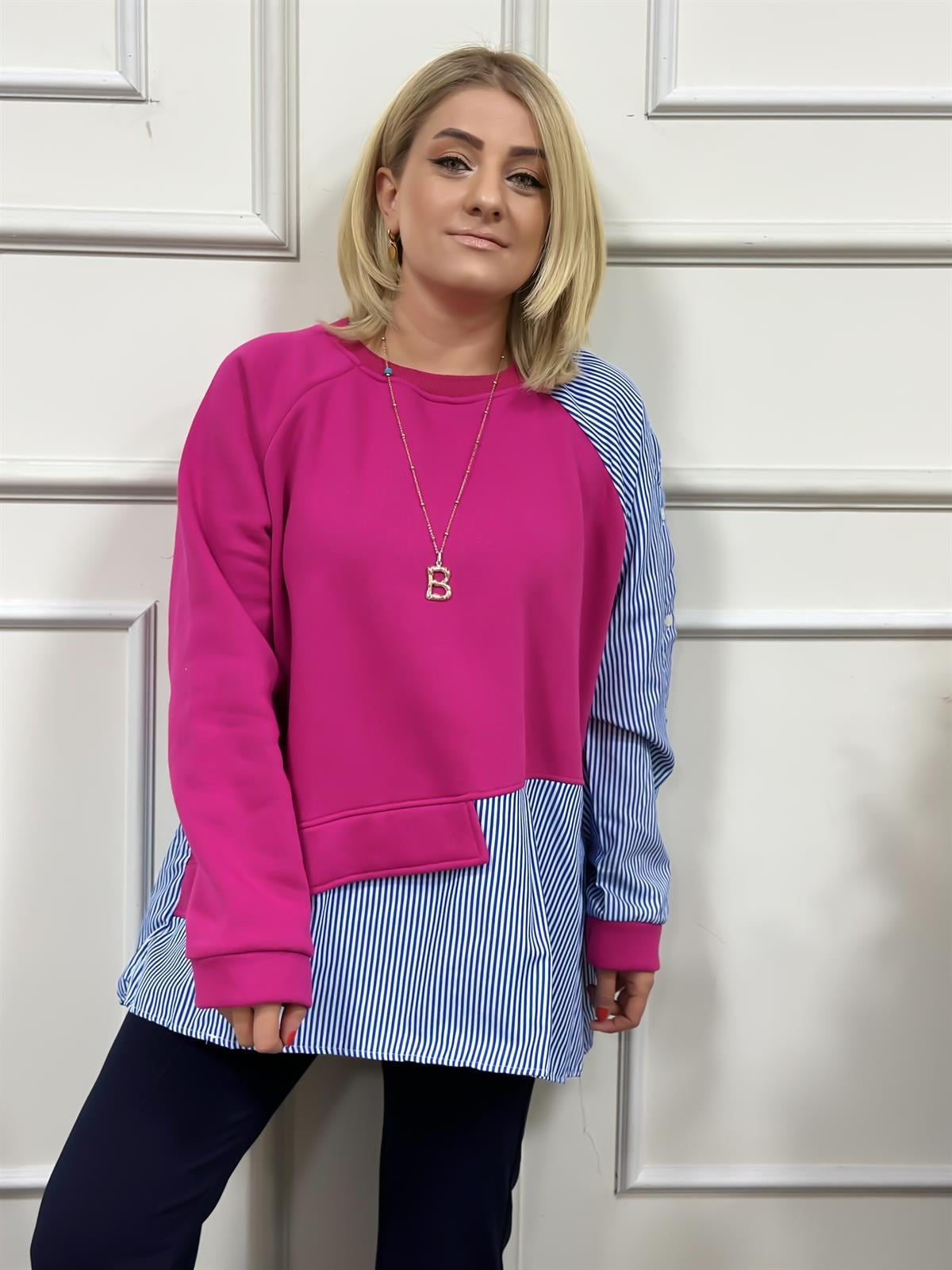 Çizgili Kolları Düğmeli Sweatshirt PEMBE-23KUST000023