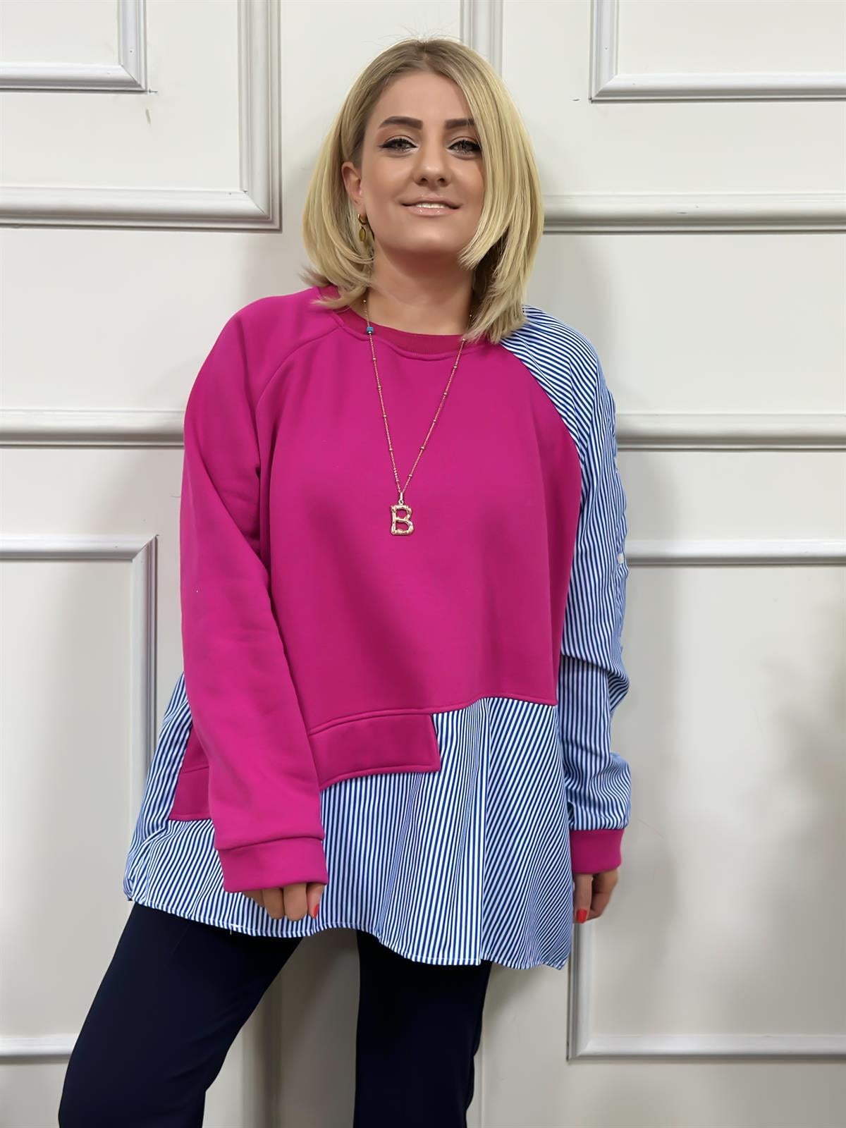 Çizgili Kolları Düğmeli Sweatshirt PEMBE-23KUST000023