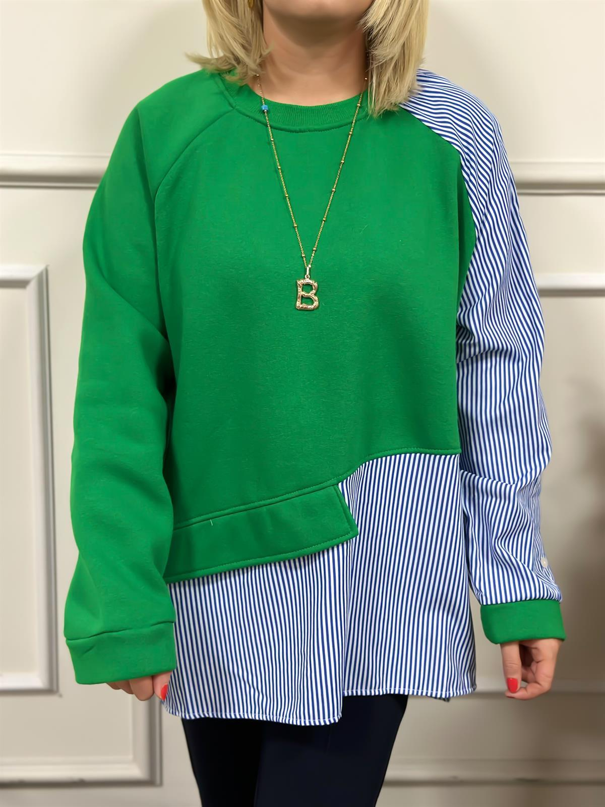 Çizgili Kolları Düğmeli Sweatshirt YEŞİL-23KUST000023