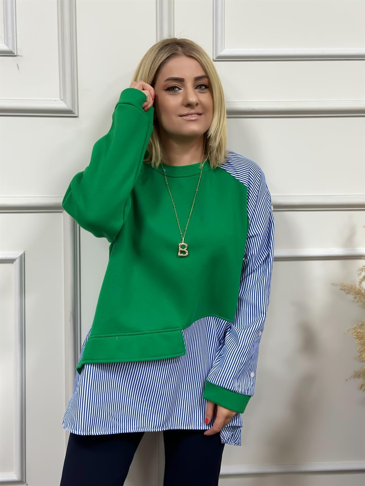 Çizgili Kolları Düğmeli Sweatshirt YEŞİL-23KUST000023