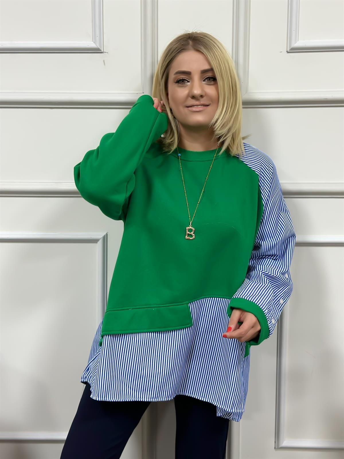 Çizgili Kolları Düğmeli Sweatshirt YEŞİL-23KUST000023